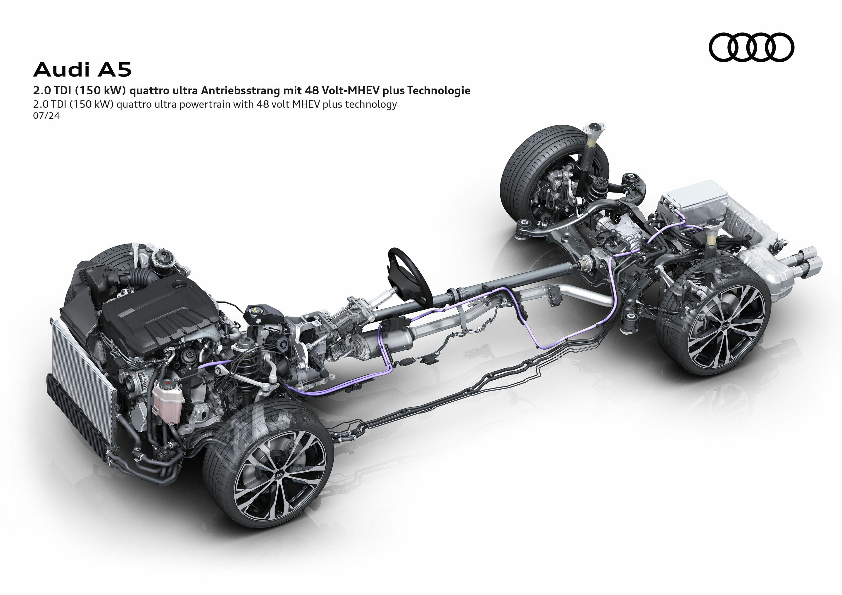 Illustration - Audi A5 - 2.0 TDI (150 kW) quattro ultra Antriebsstrang mit 48 Volt-MHEV plus Technologie. Das Fahrzeug basiert auf der
Premium Platform Combustion (PPC)