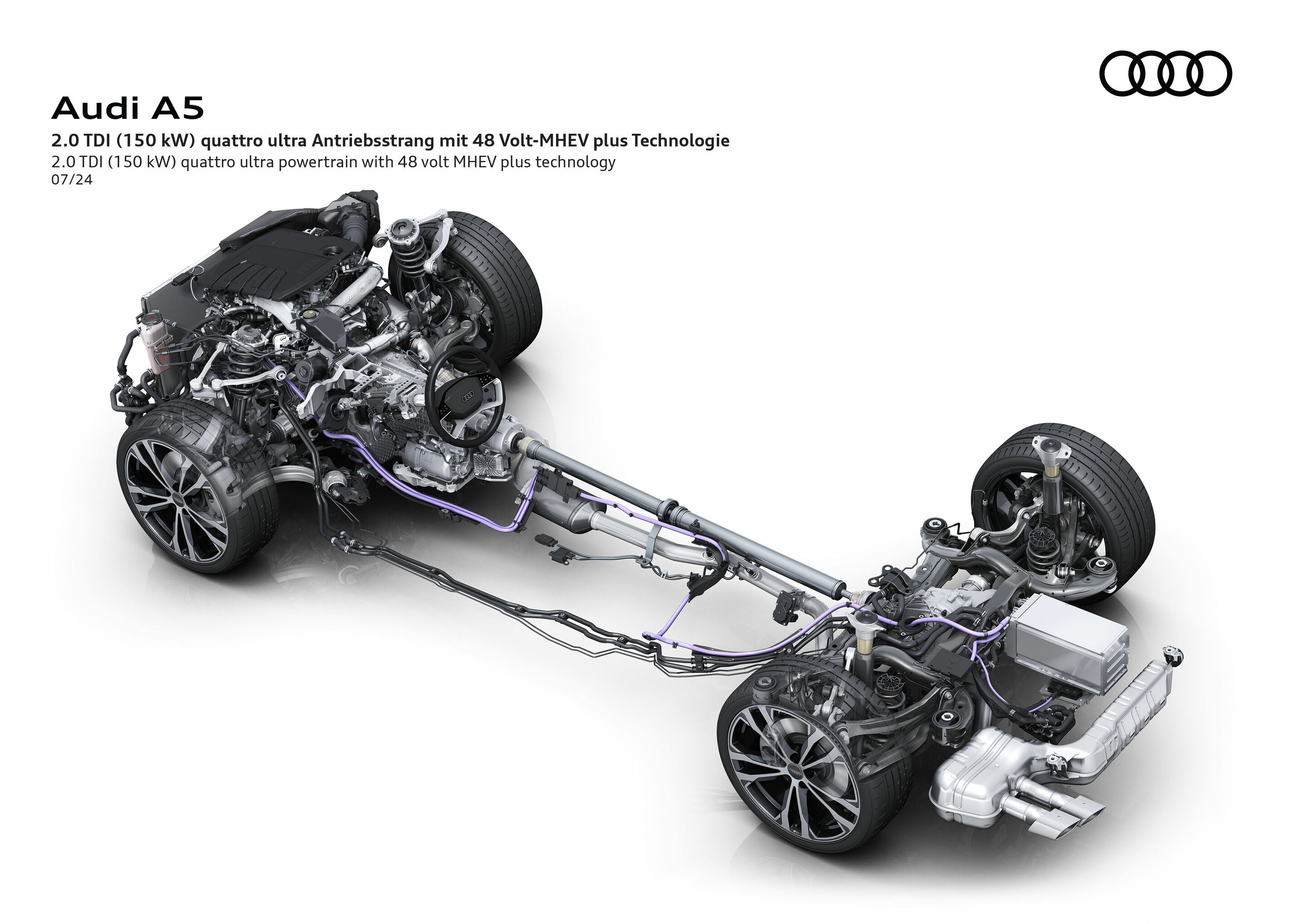Illustration - Audi A5 - 2.0 TDI (150 kW) quattro ultra Antriebsstrang mit 48 Volt-MHEV plus Technologie. Das Fahrzeug basiert auf der
Premium Platform Combustion (PPC)