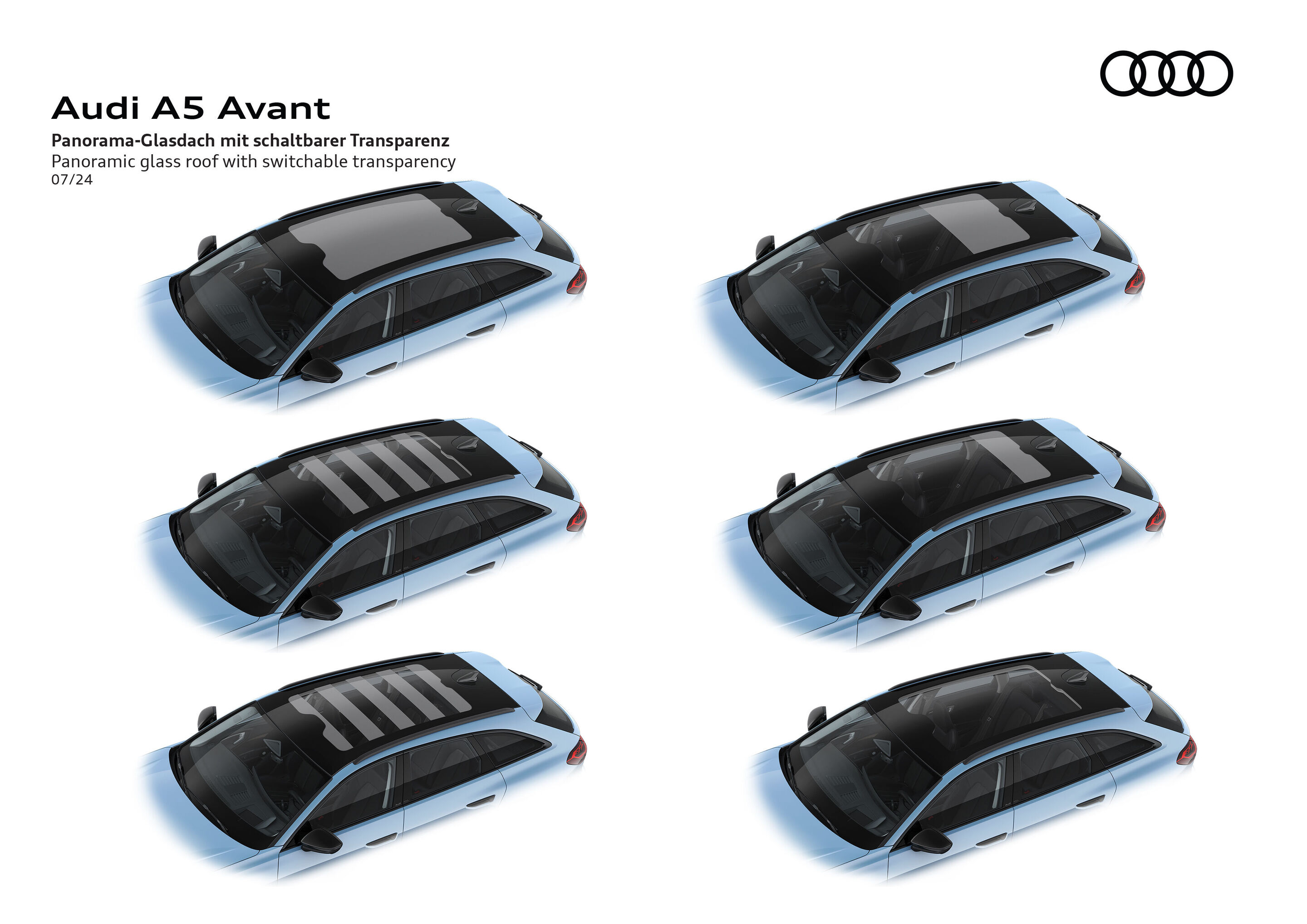 Illustration - Audi A5 Avant - Panorama-Glasdach mit schaltbarer Transparenz
Panorama-Glasdach mit schaltbarer Transparenz ist in Deutschland voraussichtlich ab dem vierten Quartal 2024 verfügbar. Über den genauen Einsatztermin informieren Sie sich bitte...
