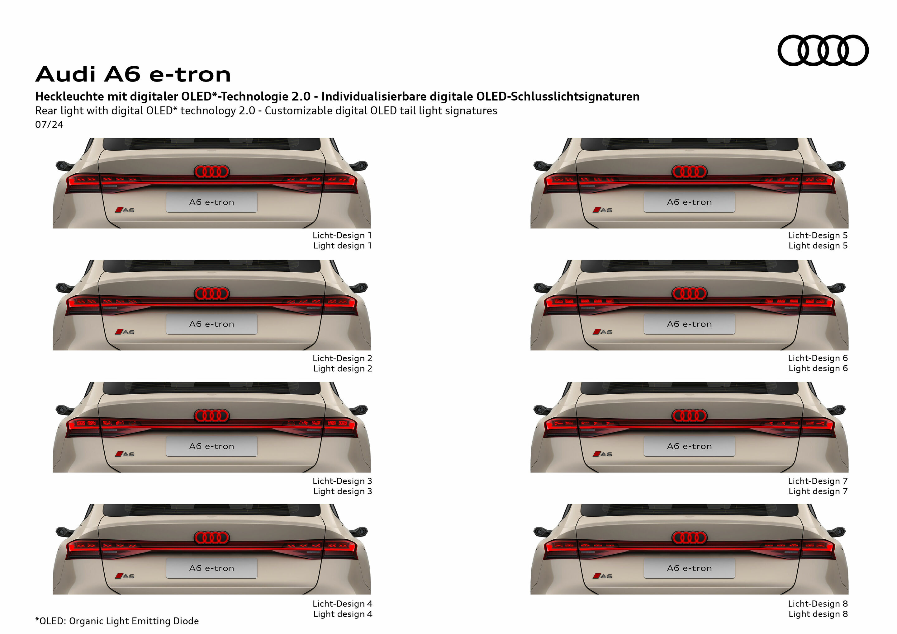 Illustration - Audi A6 e-tron - Rear light with digital OLED* technology 2.0 - Customizable digital OLED tail lieght signatures