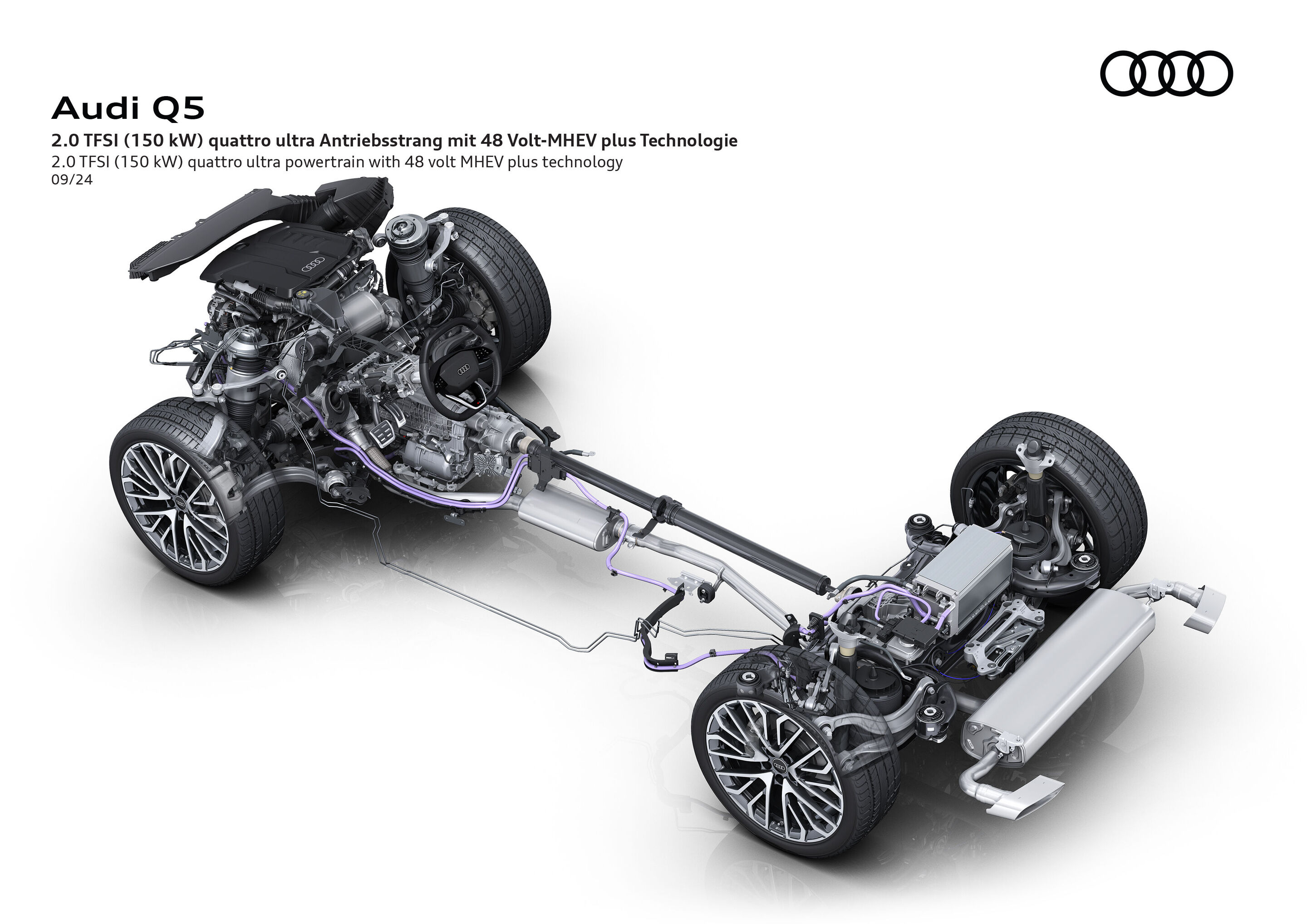 Illustration - Audi Q5 - 2.0 TFSI (150 kW) quattro ultra Antriebsstrang mit 48 Volt-MHEV plus Technologie. Das Fahrzeug basiert auf der Premium Platform Combustion (PPC)