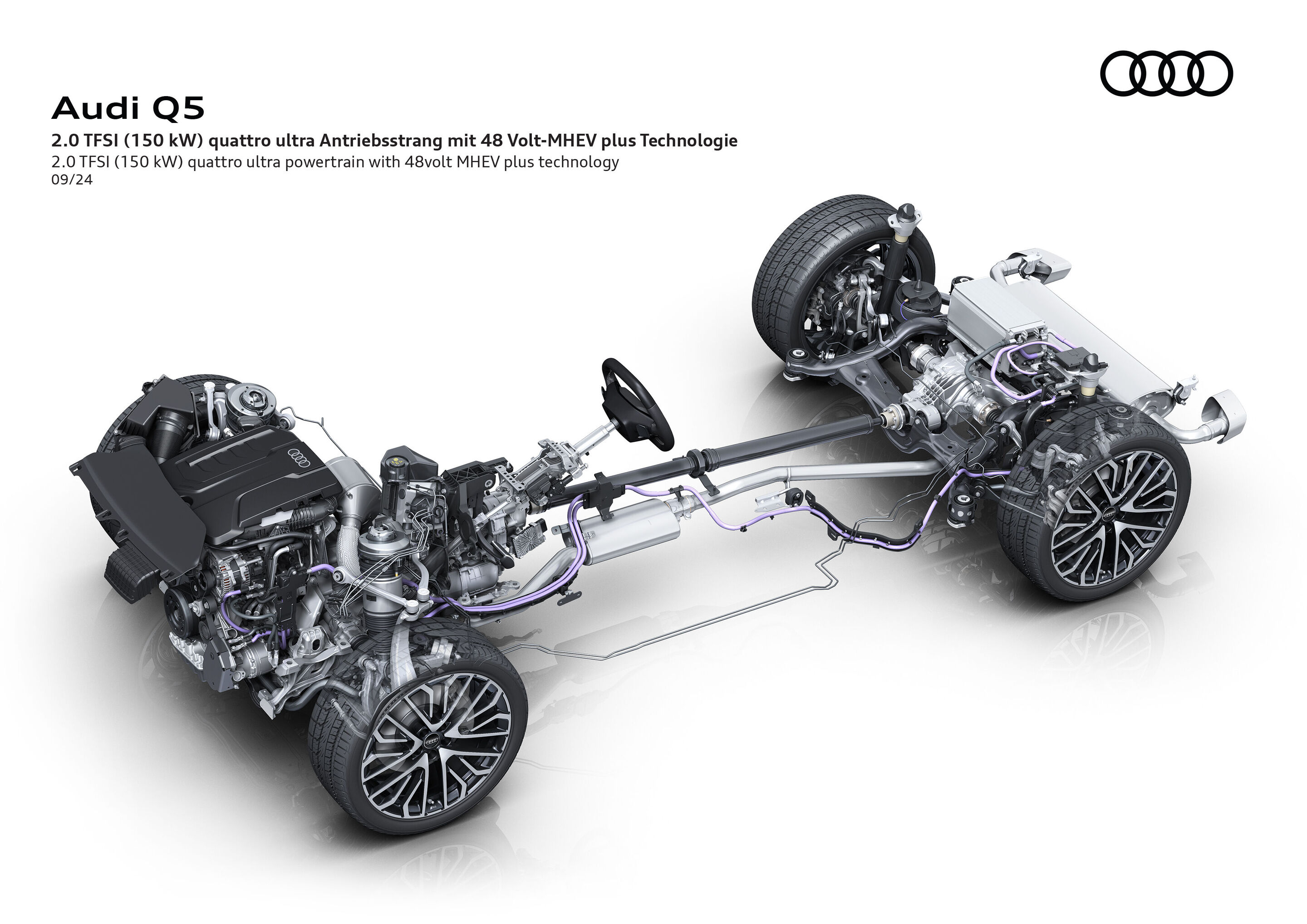 Illustration - Audi Q5 - 2.0 TFSI (150 kW) quattro ultra Antriebsstrang mit 48 Volt-MHEV plus Technologie.
Das Fahrzeug basiert auf der Premium Platform Combustion (PPC)