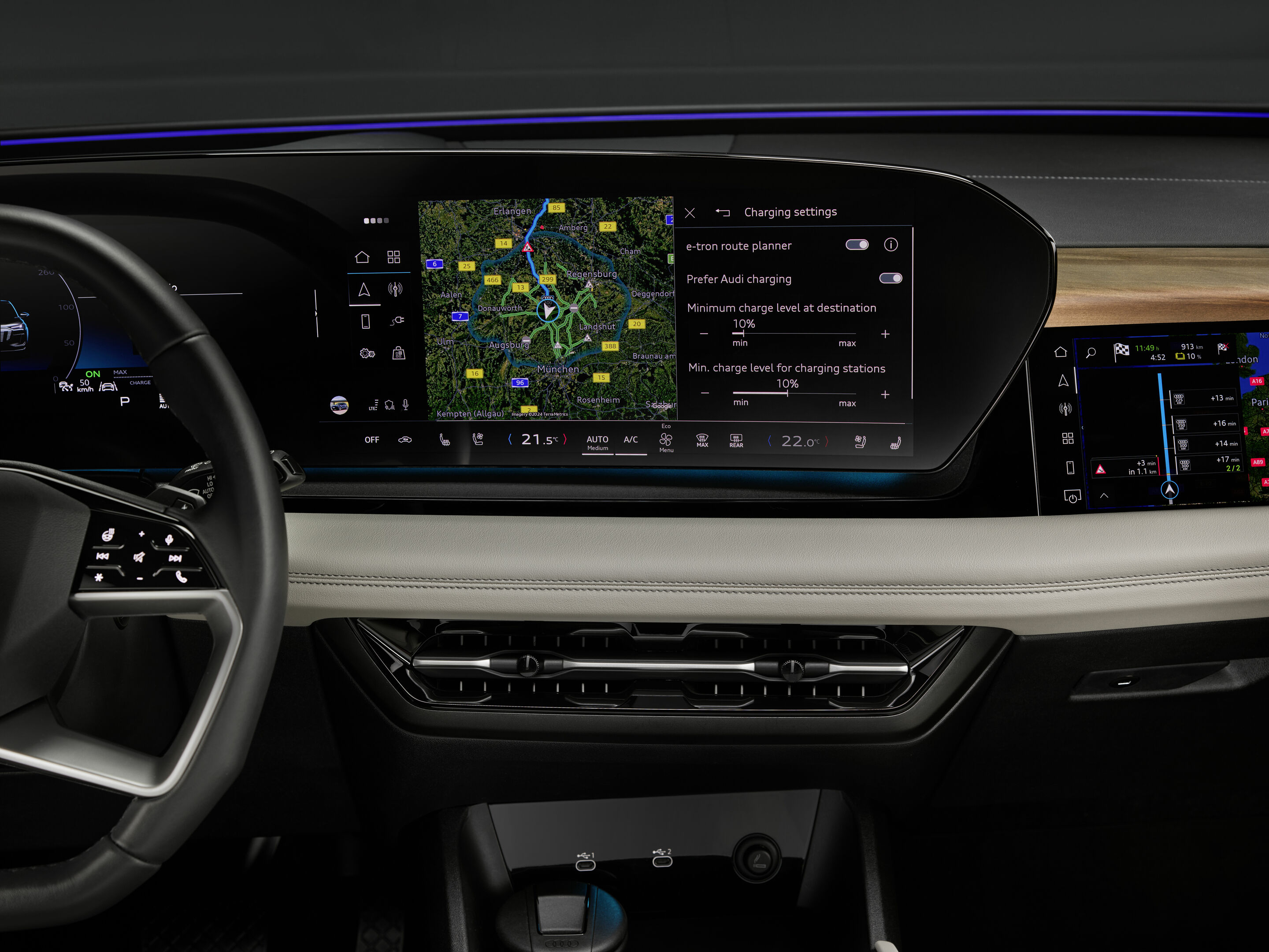 Audi e-tron Routenplaner - Der intelligente Assistent für elektrisches Fahren wurde für alle Modelle auf der Premium Platform Electric (PPE) deutlich weiterentwickelt. Nutzer erhalten grundsätzliche Informationen wie Ladeleistung oder Ladeanschlüsse und...