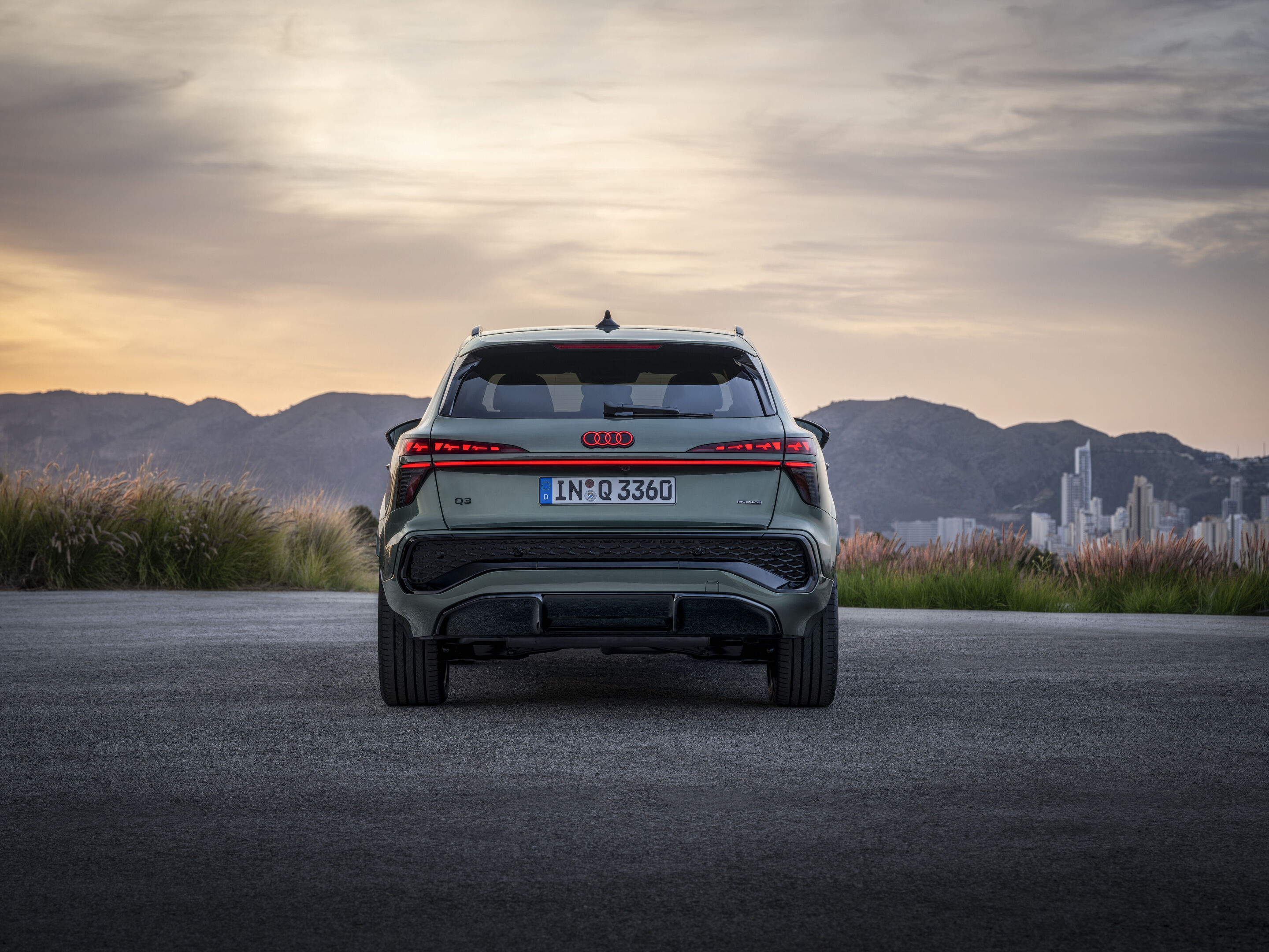 Audi Q3 SUV - Standaufnahme (Logobeleuchtung nur bei aktiviertem Abblendlicht oder Fernlicht),
Farbe: Salbeigrün