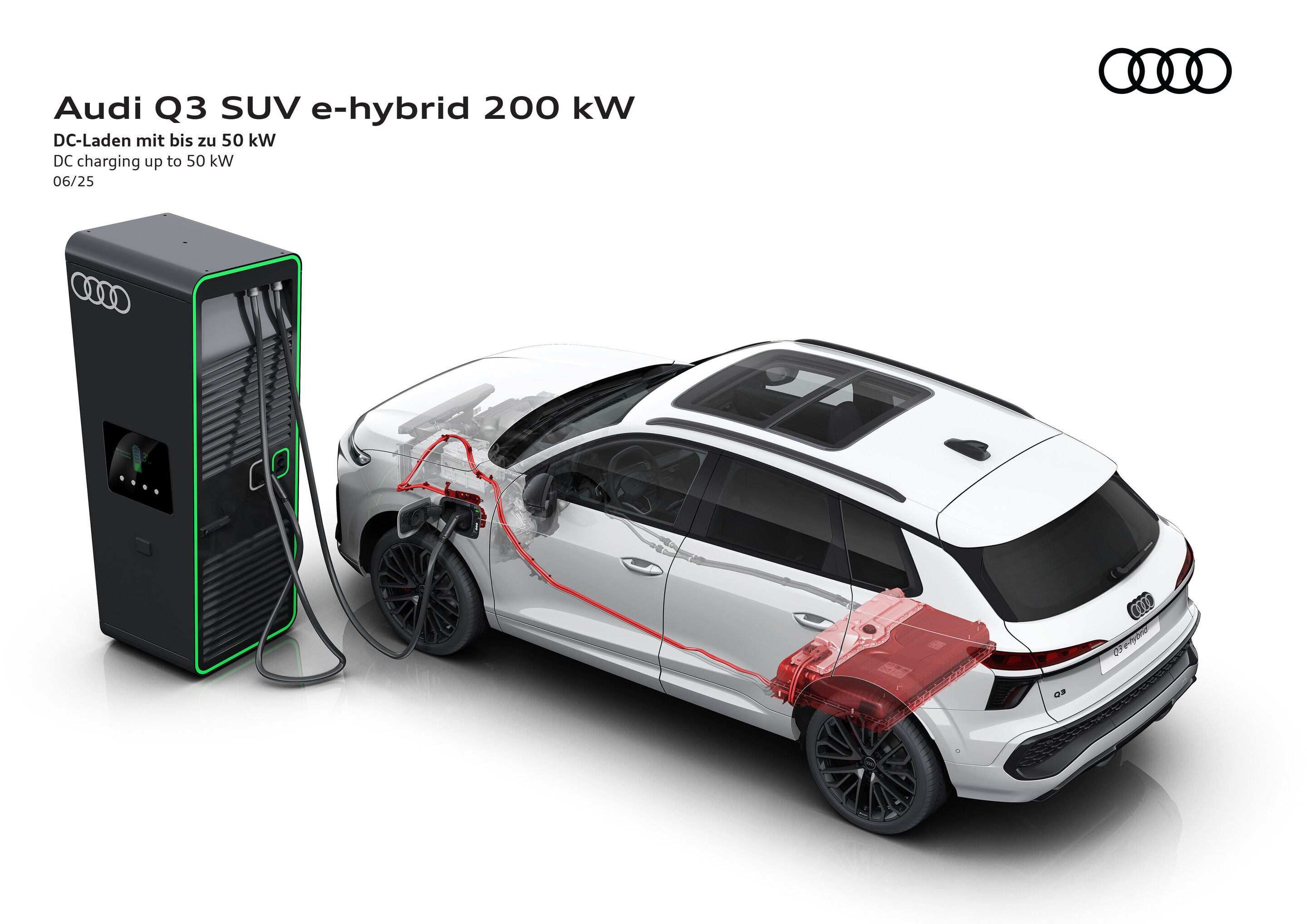 Illustration - Audi Q3 SUV e-hybrid 200 kW - DC charging up to 50 kW - The illustration shows the Audi Q3 SUV e-hybrid being charged with an HPC DC charger. The Audi Q3 SUV e-hybrid is capable of charging speeds of up to 50 kW.