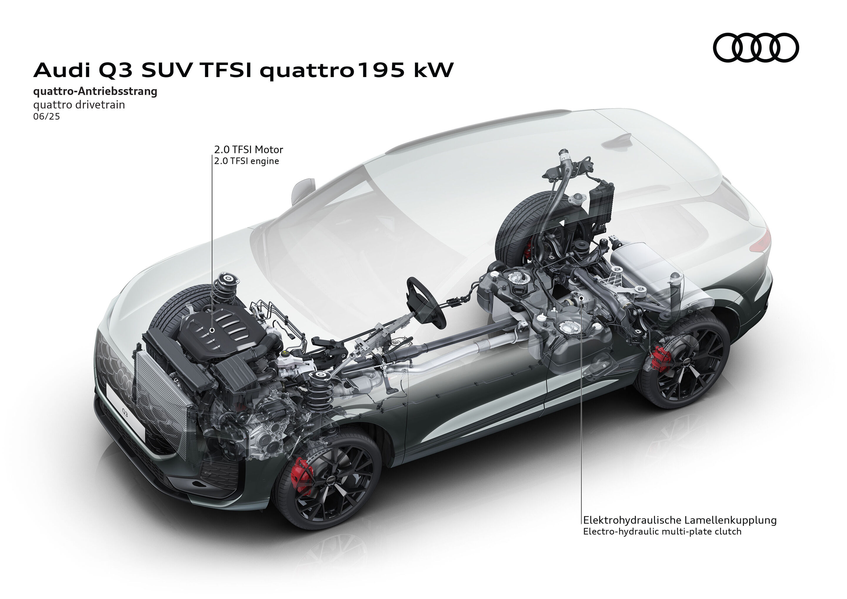 Illustration - Audi Q3 SUV TFSI quattro 195 kW - quattro-Antriebsstrang - Die Illustration zeigt den Aufbau des quattro-Antriebsstrangs im Audi Q3 SUV TFSI quattro 195 kW.