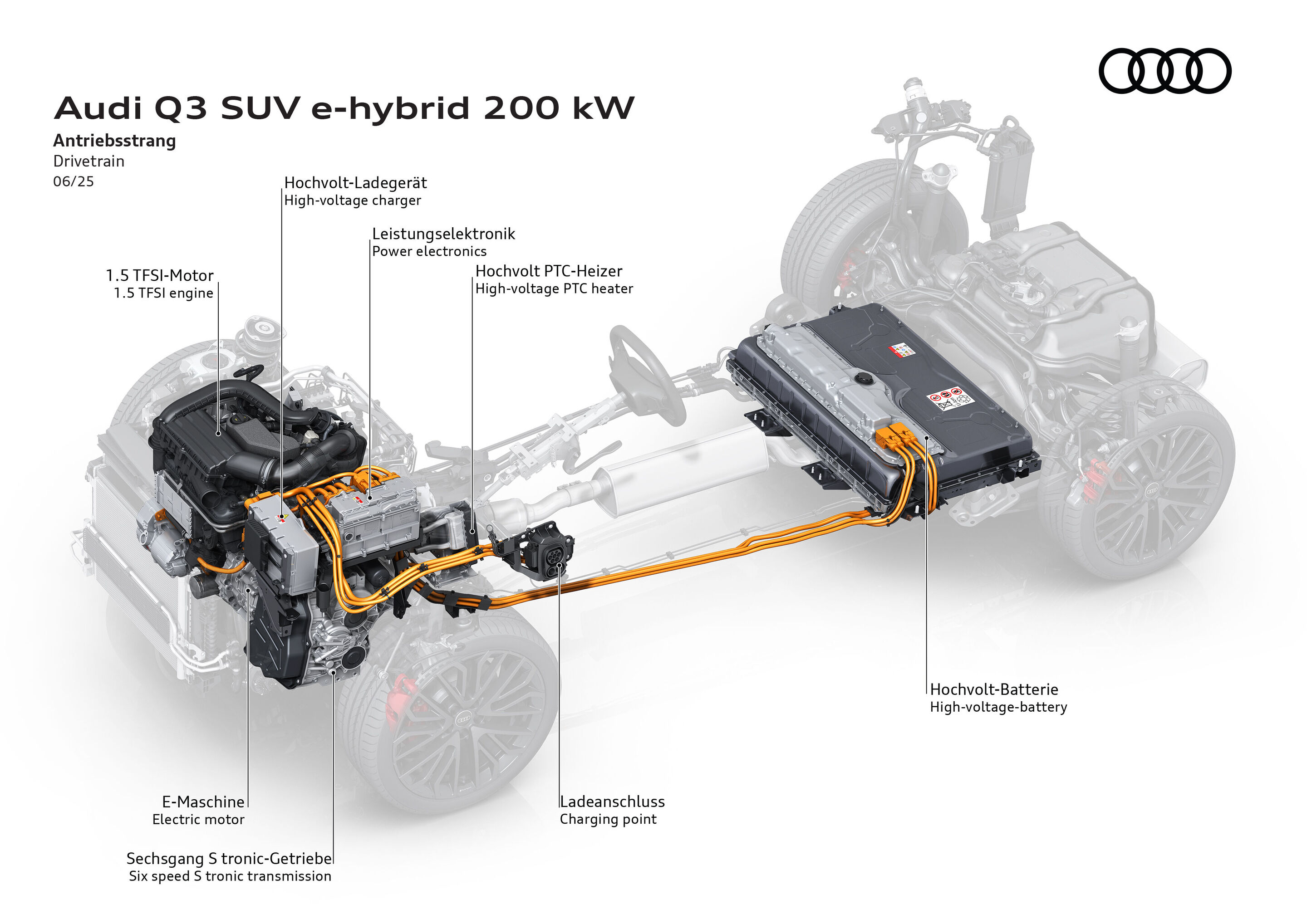 Illustration - Audi Q3 SUV e-hybrid 200 kW - Drivetrain - The illustration shows the components of the drivetrain in the Audi Q3 SUV e-hybrid 200 kW.