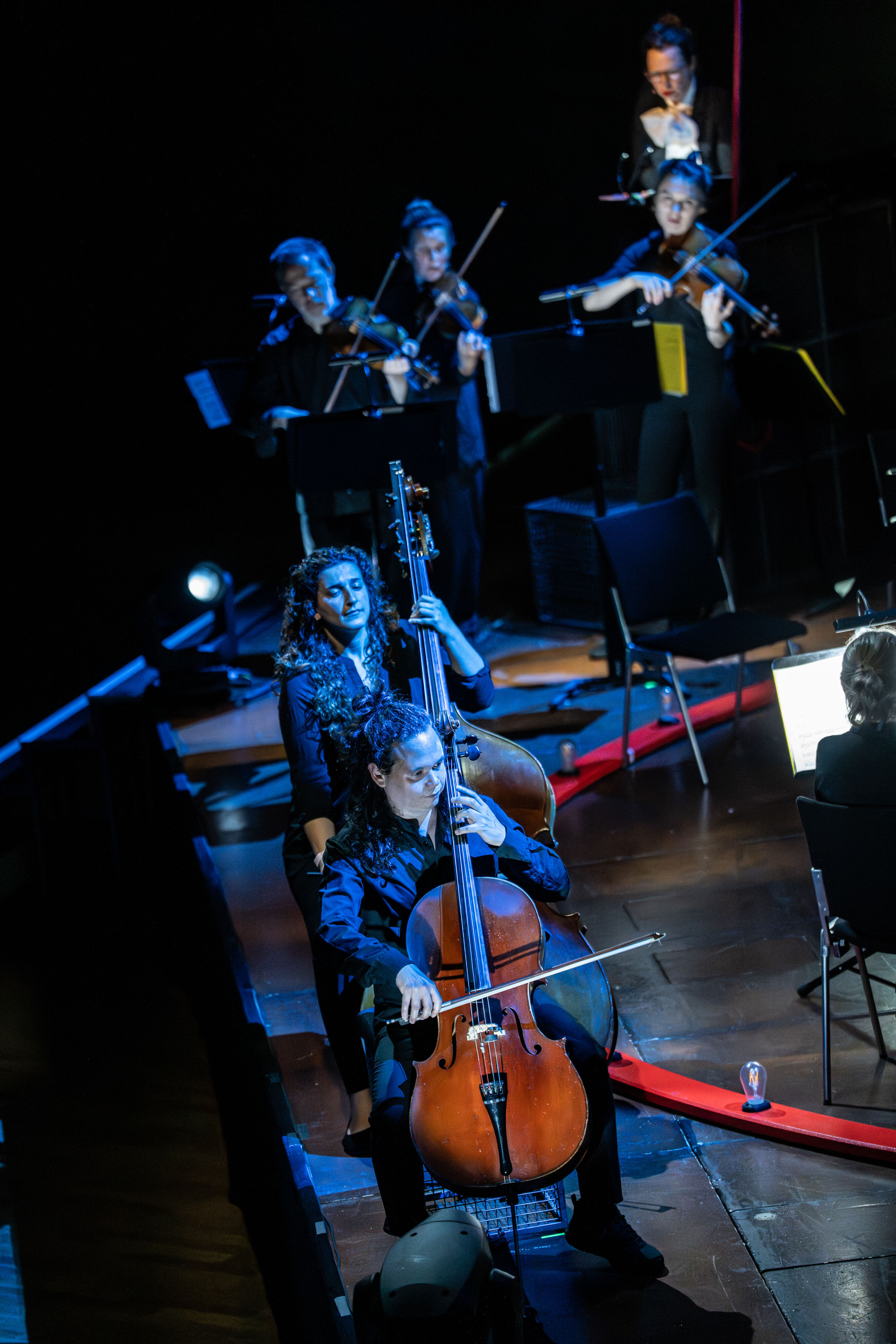 „Carnival“: Inszeniertes Familienkonzert rund um die fabelhafte Welt der Instrumente - Auf der Bühne im Festsaal Ingolstadt sind hintereinander ein Cellist und eine Kontrabassistin zu sehen. Im Hintergrund sind ein paar Streicher spielend auf ihren Instrumenten...