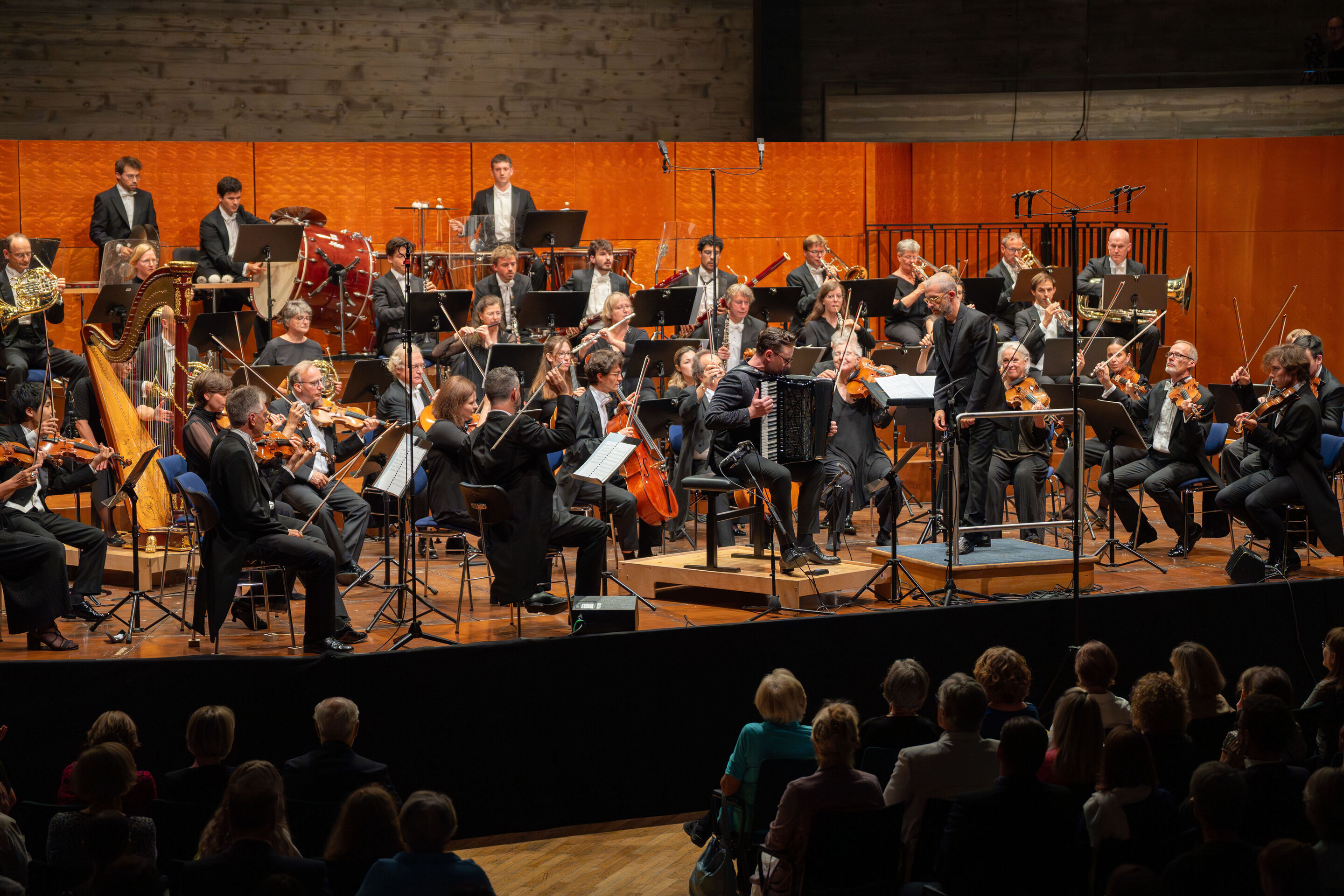 Abschlusskonzert mit Akkordeonstar Martynas Levickis und der Deutschen Kammerphilharmonie Bremen - Aus der Sicht des Publikums: Die Deutsche Kammerphilharmonie Bremen musizierend mit Martynas Levickis unter der Leitung von Omer Meir Wellber auf der Bühne...