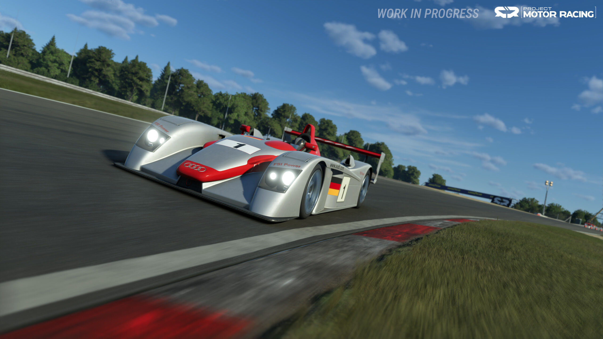 gamescom: Audi Tradition zeigt Le Mans Siegerauto - Ein Screen aus dem Videospiel „Project Motor Racing“ von GIANTS Software – zu sehen: der Audi R8 Le Mans Prototyp, der das 24 Stunden Rennen 2002 gewonnen hat.