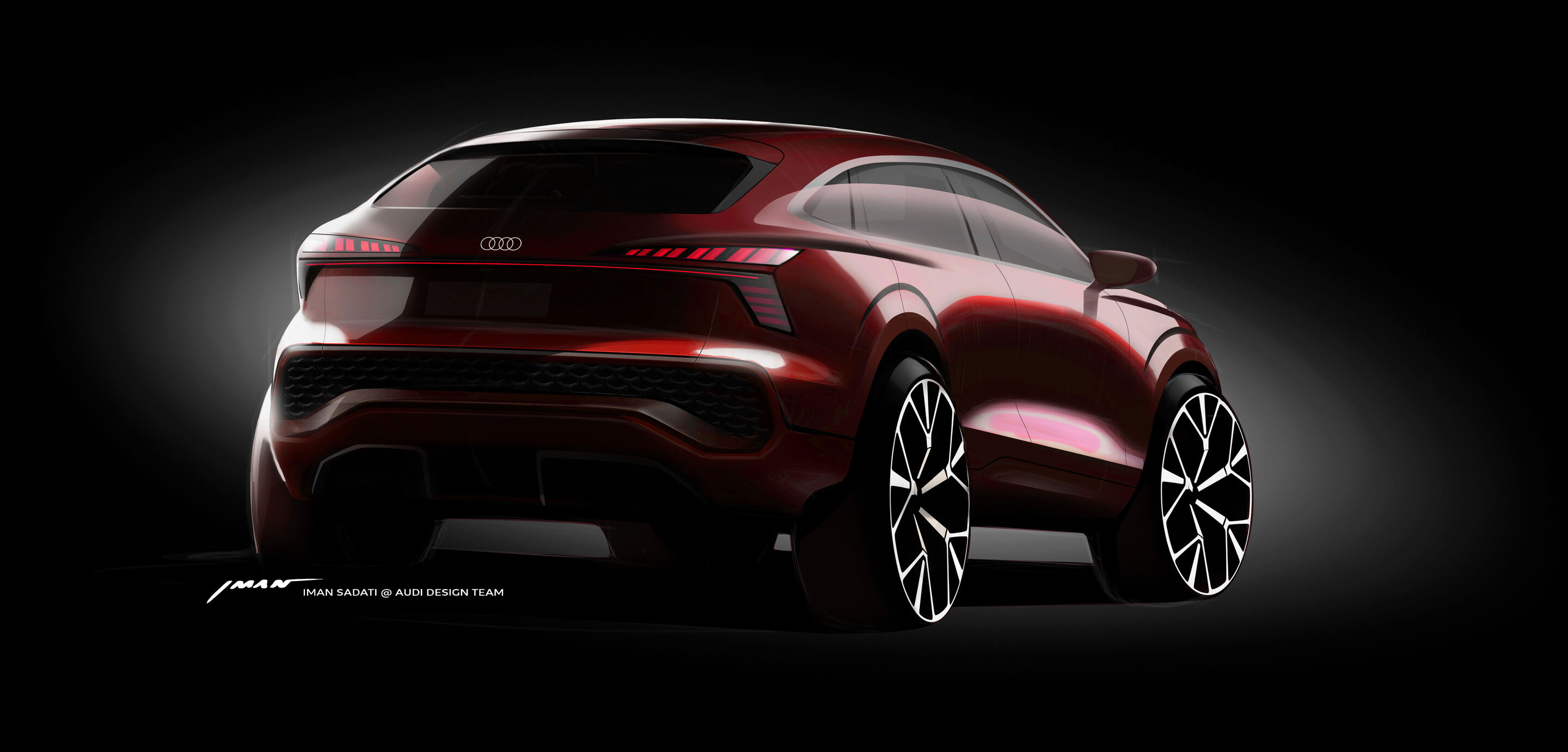 Skizze - Designskizzen Audi Q3 Sportback - Progressivrot Metallic, Exterieur, Dreiviertelheckansicht