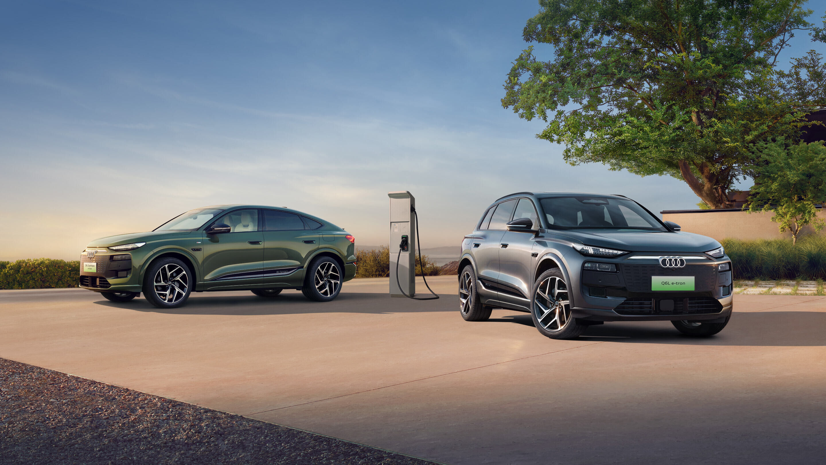 Audi Q6L Sportback e-tron / Audi Q6L e-tron - From the left: Audi Q6L Sportback e-tron, Audi Q6L e-tron, outdoor stand shot, exterior