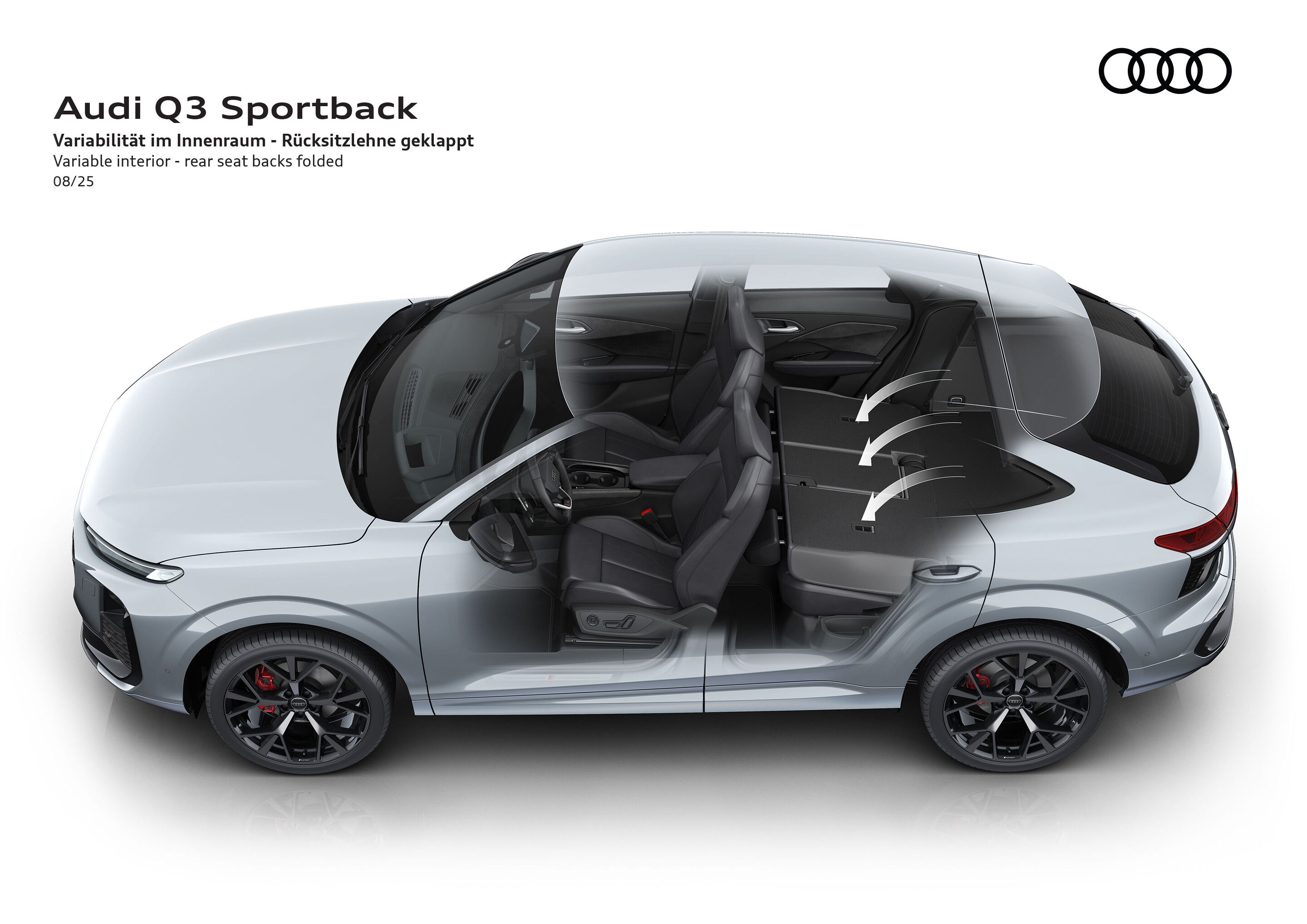 Illustration - Audi Q3 Sportback - Die Abbildung zeigt die Position der Akustikverglasung im Audi Q3 Sportback sowie eine Detailansicht, die den Schichtaufbau des Akustikglases darstellt.