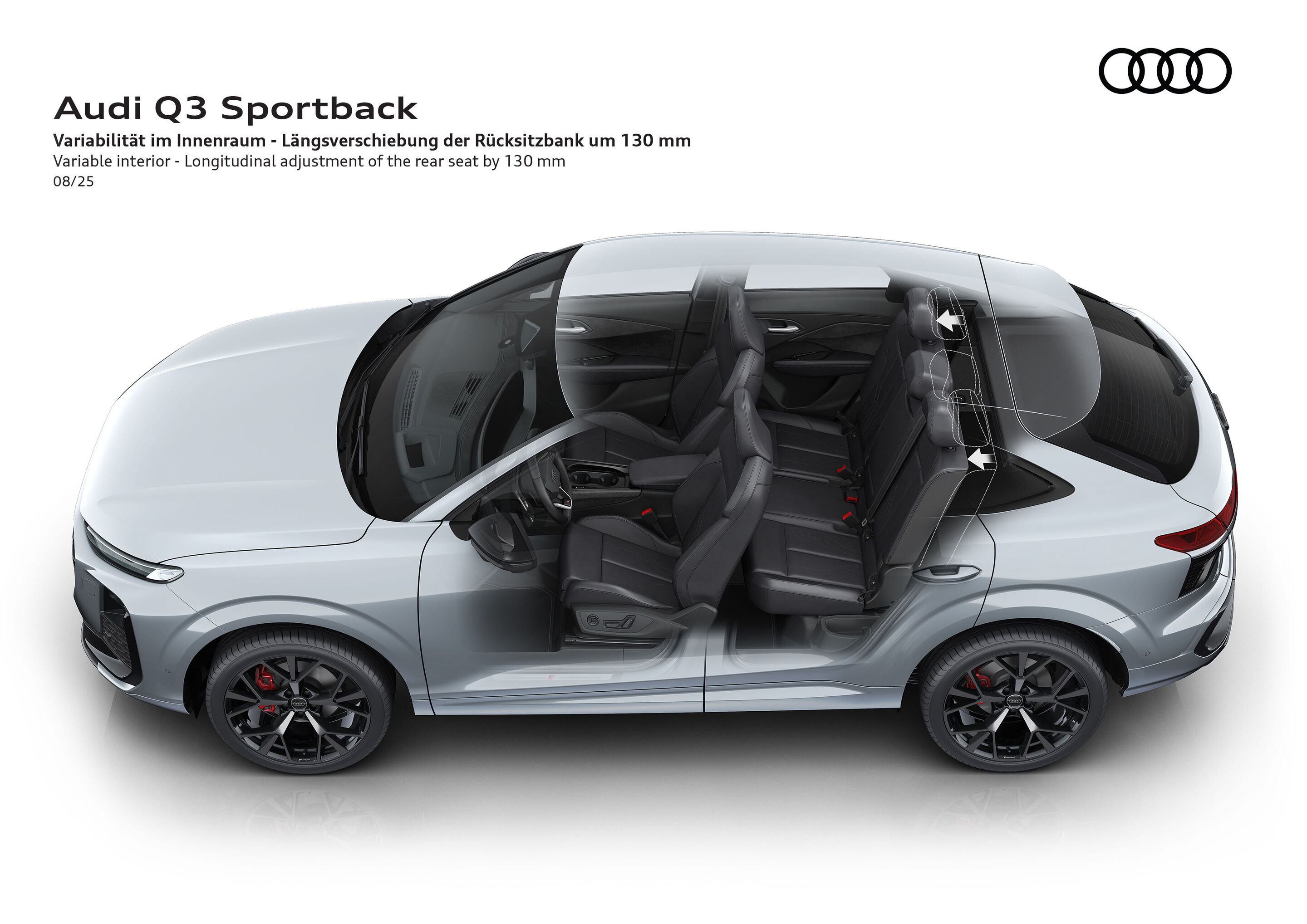 Illustration - Audi Q3 Sportback - Die Abbildung zeigt, wie die Rücksitzbank im Audi Q3 Sportback um 130 mm nach vorne verschoben werden