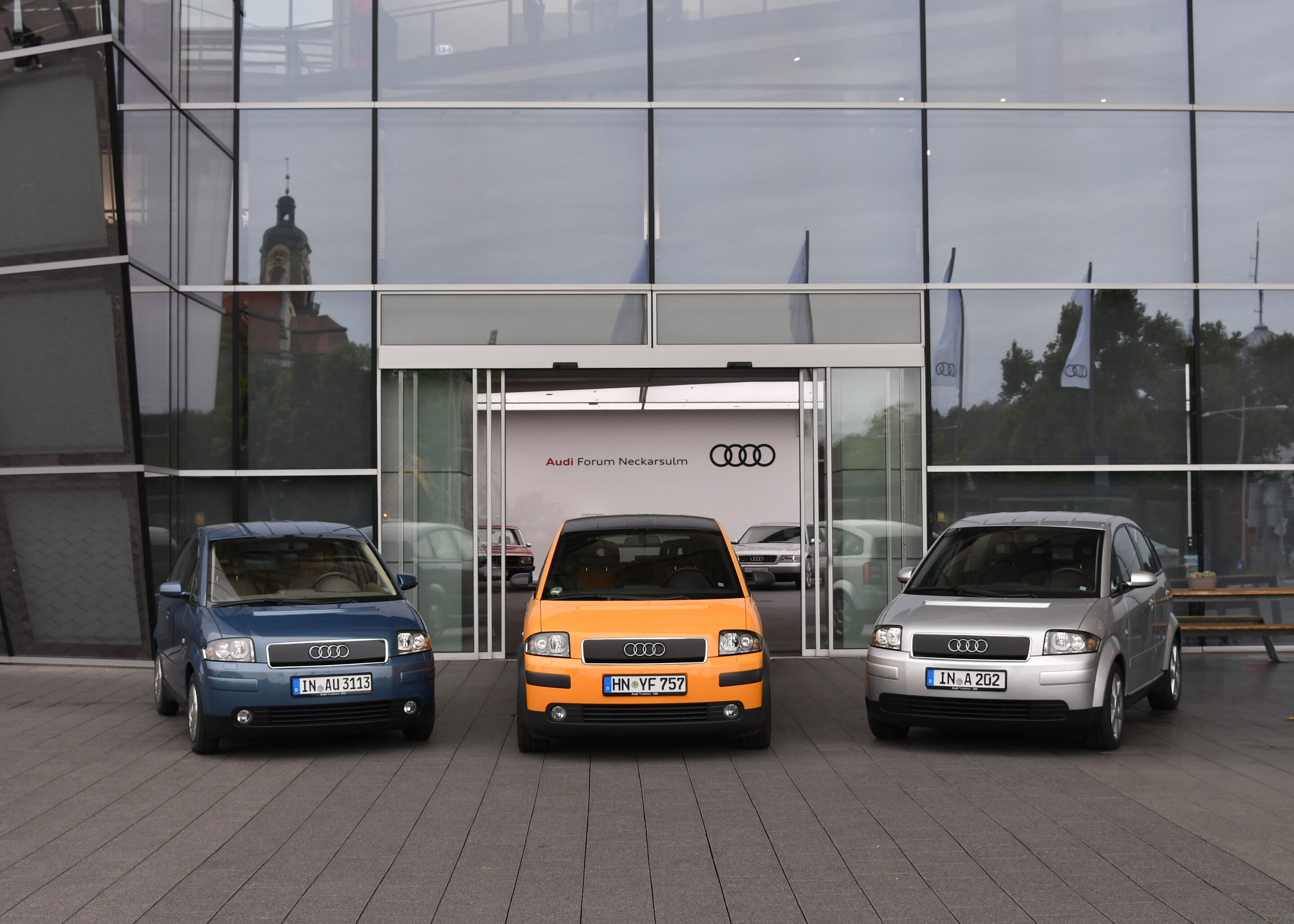 Leading light: 25 years Audi A2 - The Audi A2 was launched in 2000 – 25 years ago. The picture shows three A2 models of the historical collection of AUDI AG, shot taken in front of the Audi Forum Neckarsulm.