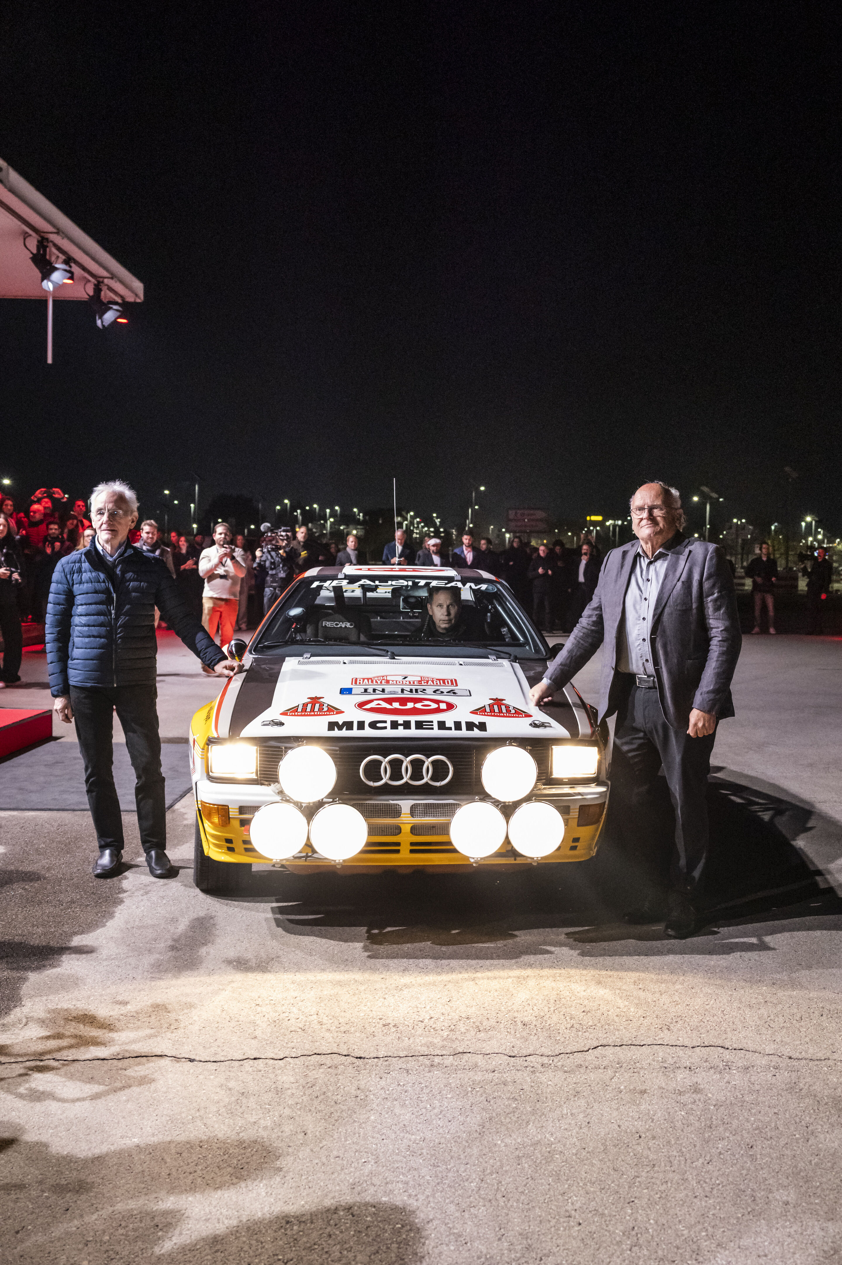 Motorsport-Legenden begrüßen den Audi R26 Concept - Audi Fahrer-Legenden sind zu Gast beim Event „Audi One“ in München, 12. November 2025: Stig Blomqvist (rechts) und Harald Demuth im Audi quattro Rallye A2