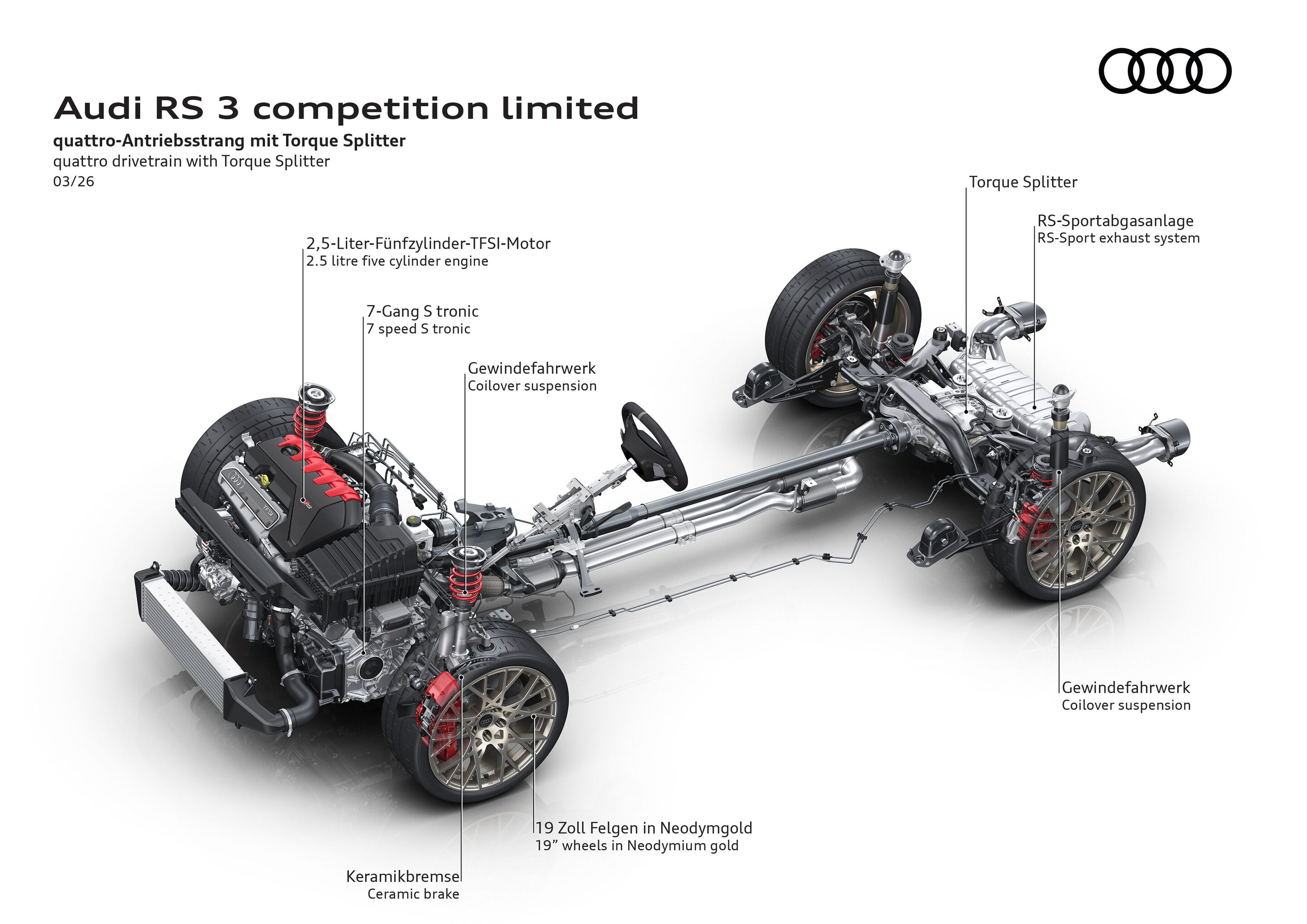 Illustration - Audi RS 3 competition limited - Der RS 3 competition limited ist serienmäßig mit Gewindefahrwerk, Keramikbremsen und RS-Sportabgasanlage ausgestattet. Angetrieben vom Fünfzylinder-Motor bietet das Sondermodell herausragende Performance.