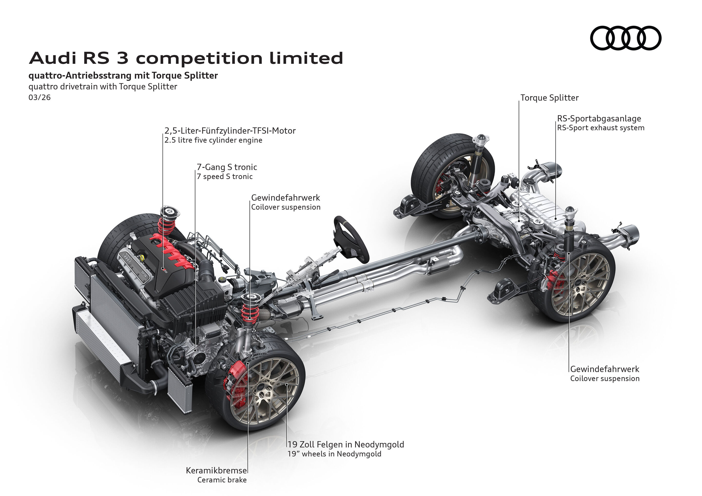 Illustration - Audi RS 3 competition limited - The RS 3 competition limited is equipped with coilover suspension, ceramic brakes and RS sport exhaust system as standard. Powered by the five-cylinder engine, the special edition offers outstanding performance.