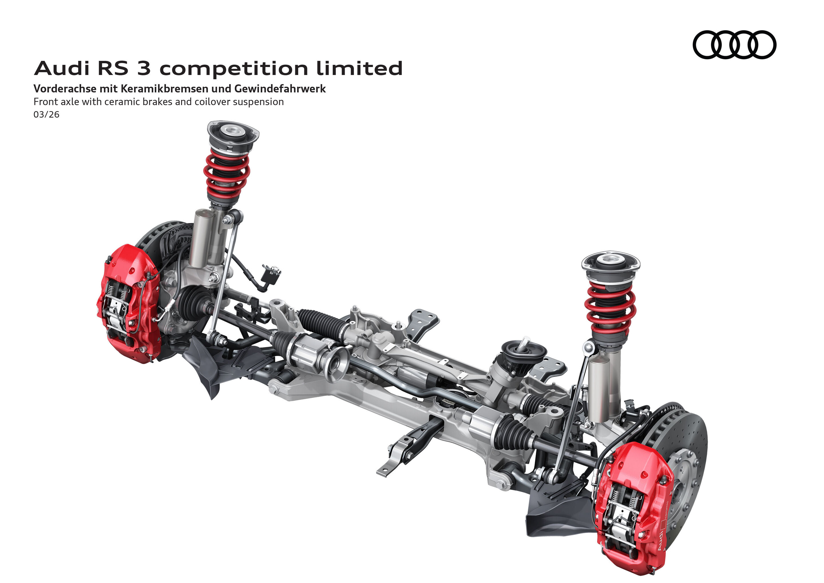 Illustration - Audi RS 3 competition limited - Die Zweirohr-Dämpfer an der Vorderachse haben einen Zusatzbehälter. Ihr größeres Volumen trägt zur besseren Kühlung der Dämpferhydraulik bei. Das hält die Dämpfungsleistung auch bei hohen Dämpfkräften konstant.