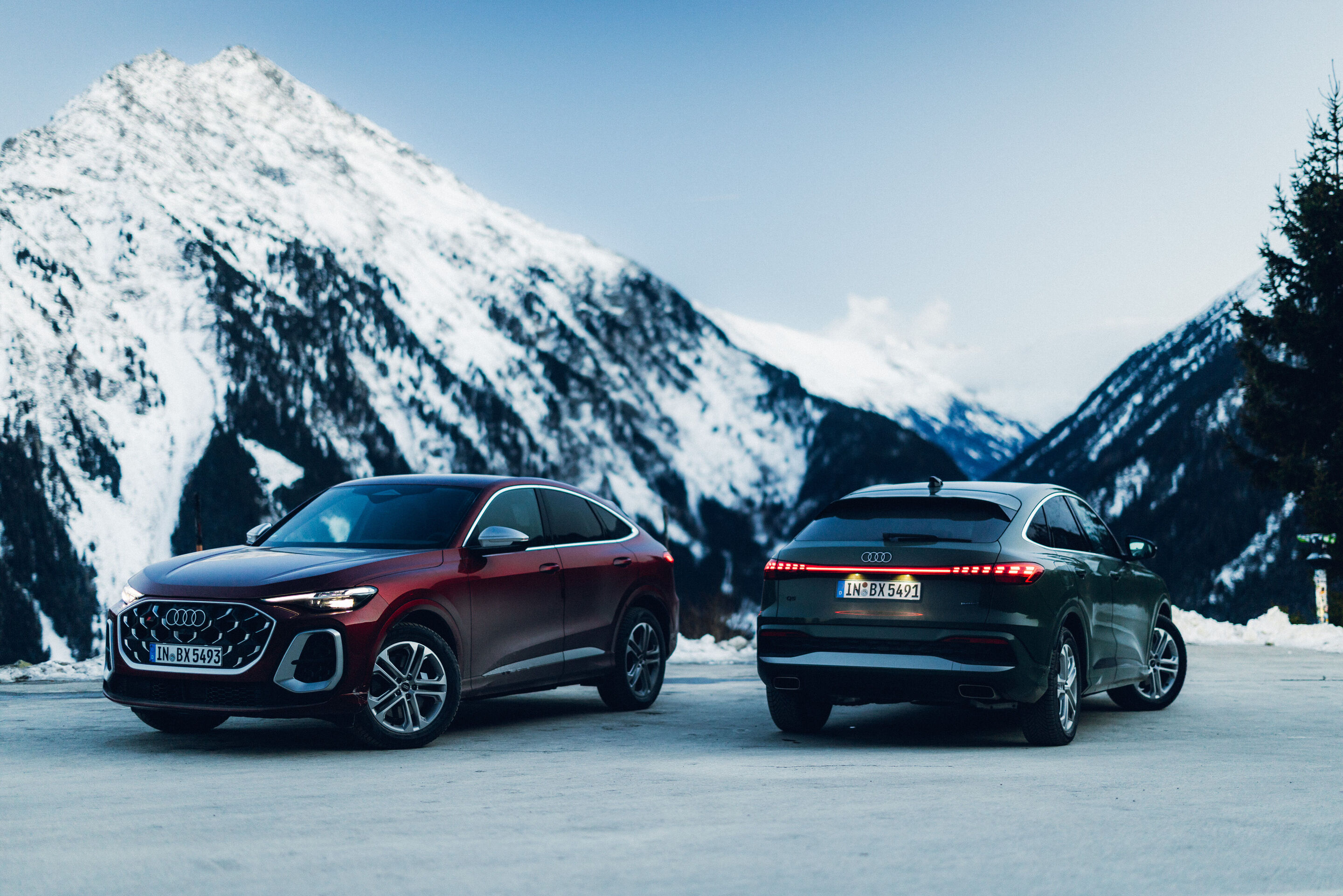 Audi SQ5 Sportback und Audi Q5 Sportback - Ein Audi SQ5 Sportback in Grenadinerot und ein Audi Q5 Sportback in Distriktgrün stehen vor einer winterlichen Berglandschaft.