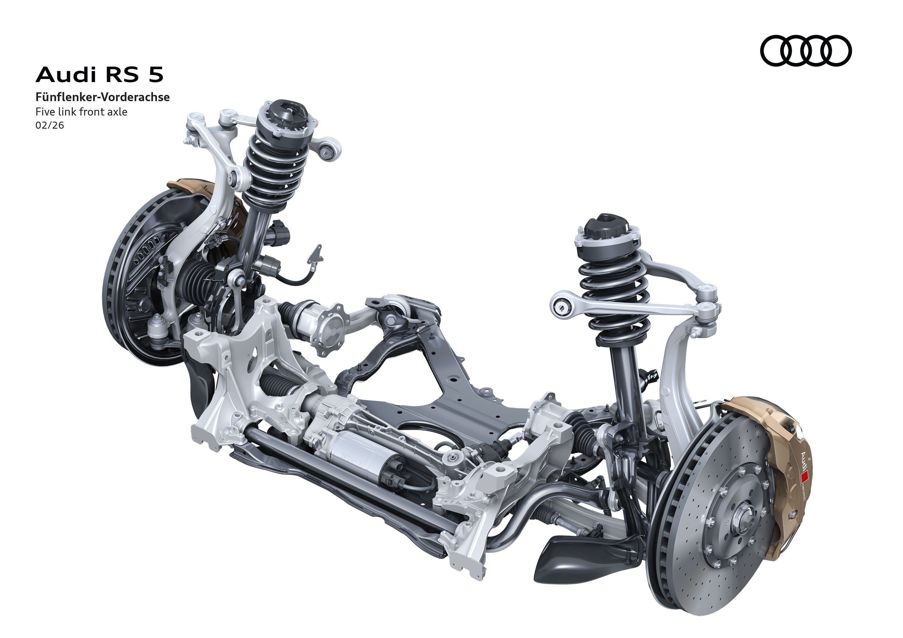 Illustration - Audi RS 5 - Die neue Vorderachse wurde gezielt weiterentwickelt, wobei neue Schwenklager, Führungslenker und Gummilager die Fahrwerksabstimmung spürbar verbessern.