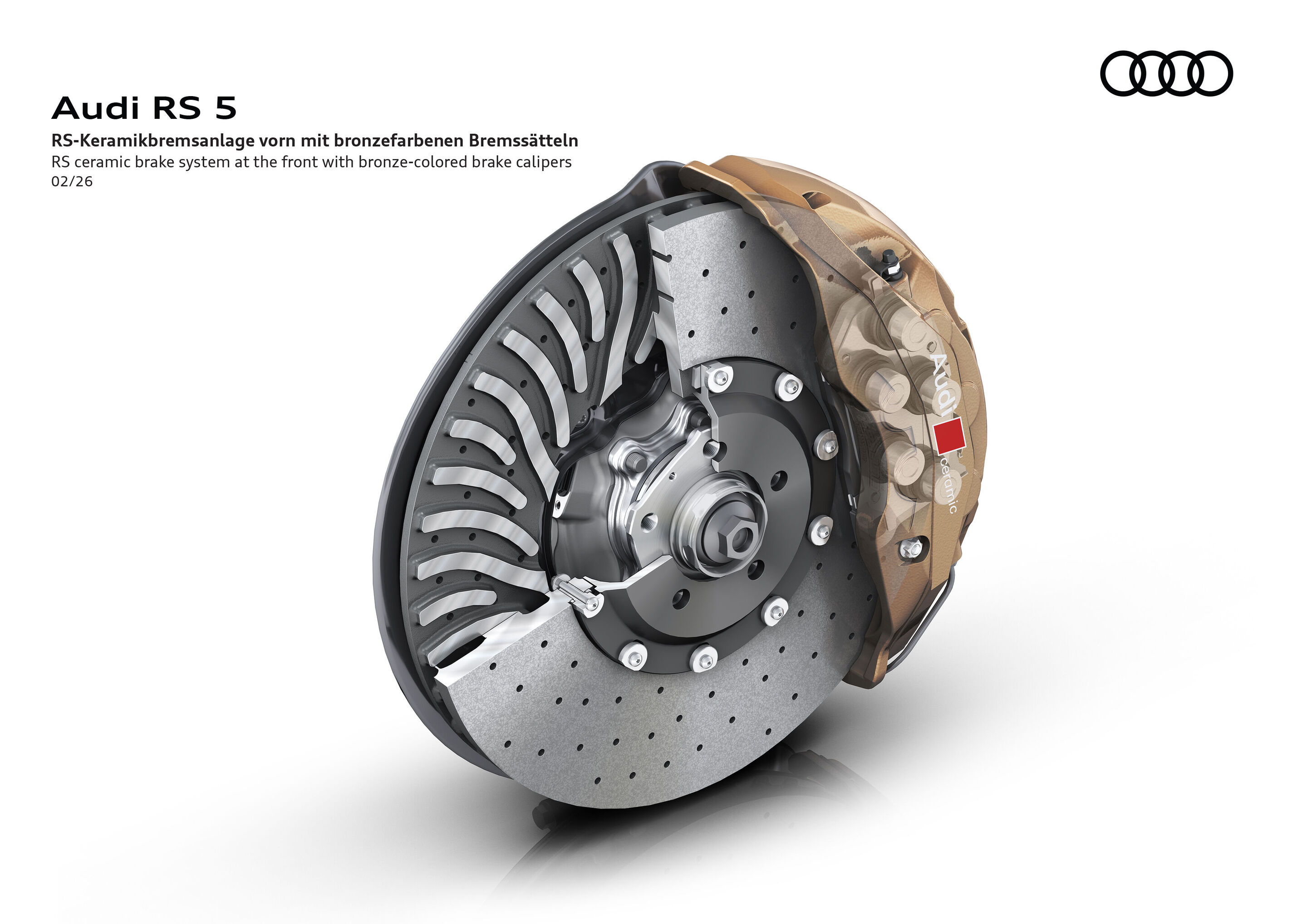 Illustration - Audi RS 5 - Die Scheiben der optionalen RS-Keramikbremse messen vorne 440 mm, hinten 410 mm. Siesorgen für eine beeindruckende Bremsleistung. Die Gewichtsersparnis im Vergleich zur Stahlbremse: rund 30 Kilogramm.