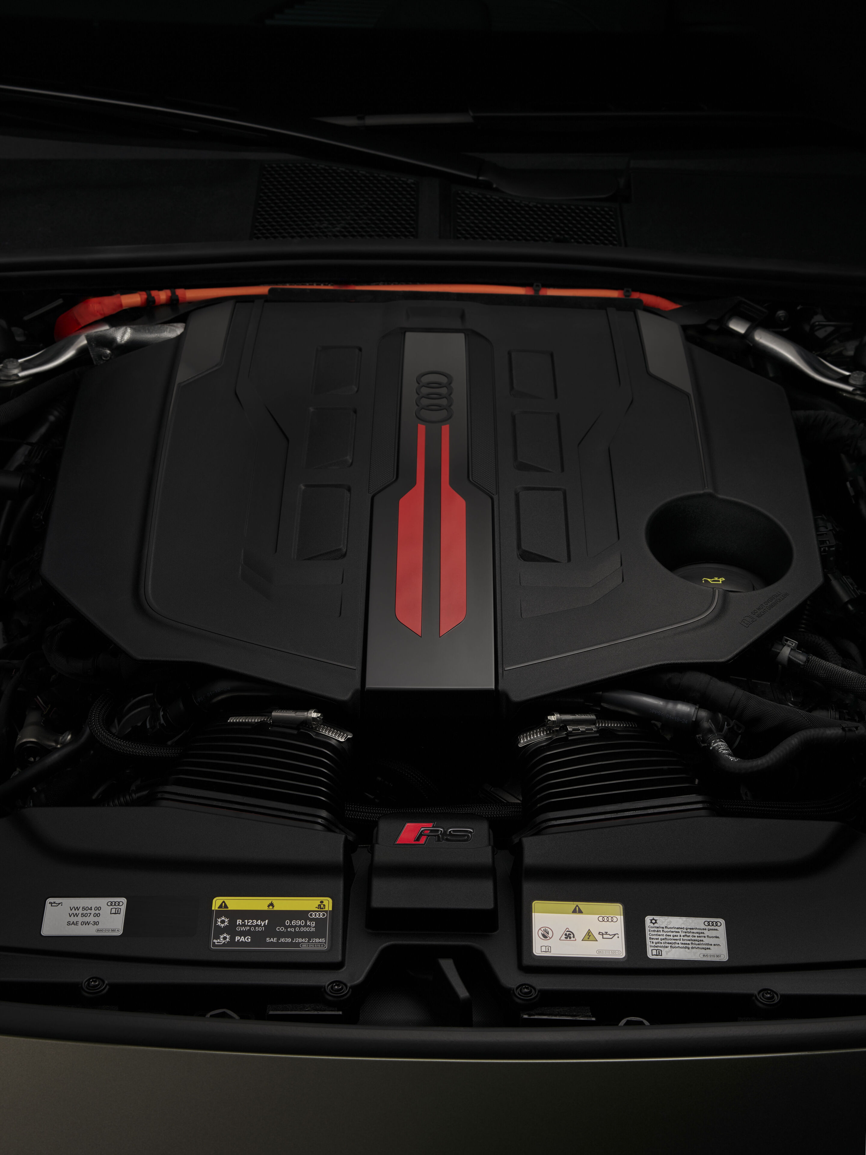Audi RS 5 Sedan - Bedford green metallic, indoor static photo, exterior, detailed view of the engine