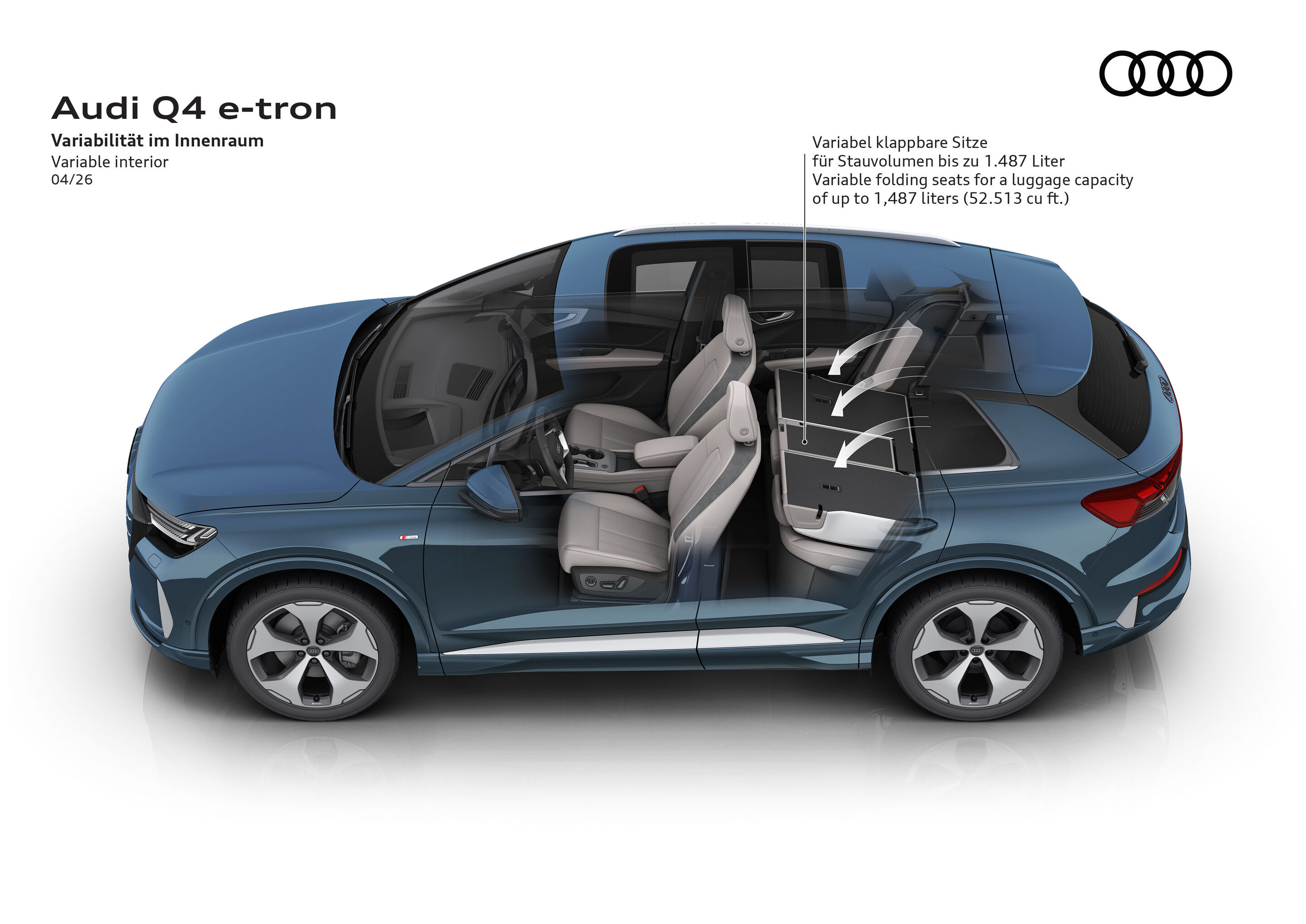 Illustration - Audi Q4 e-tron - Darstellung des Audi Q4 e-tron mit umklappbarer Rücksitzbank und variablem Gepäckraum.
