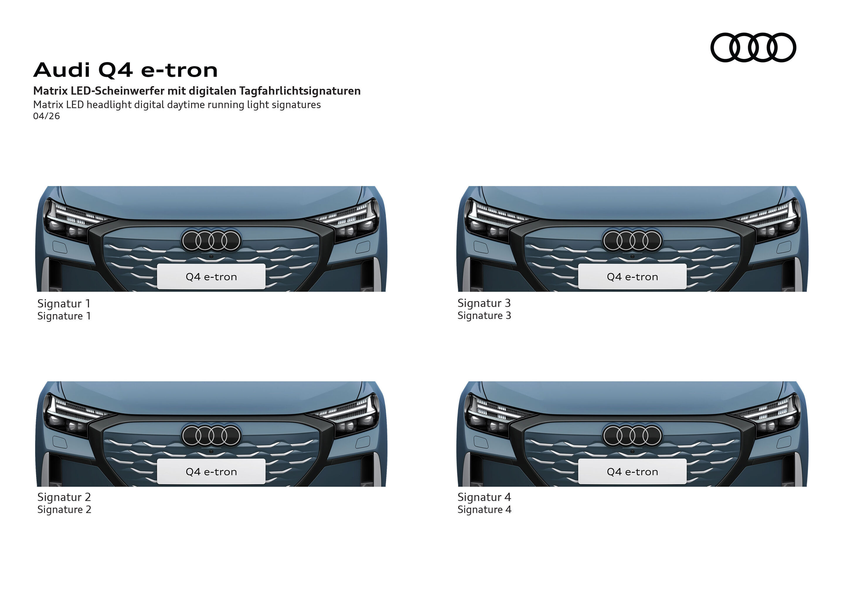 Illustration - Audi Q4 e-tron - Frontansichten des Audi Q4 e-tron mit Matrix LED-Scheinwerfern und digitalen Tagfahrlichtsignaturen.