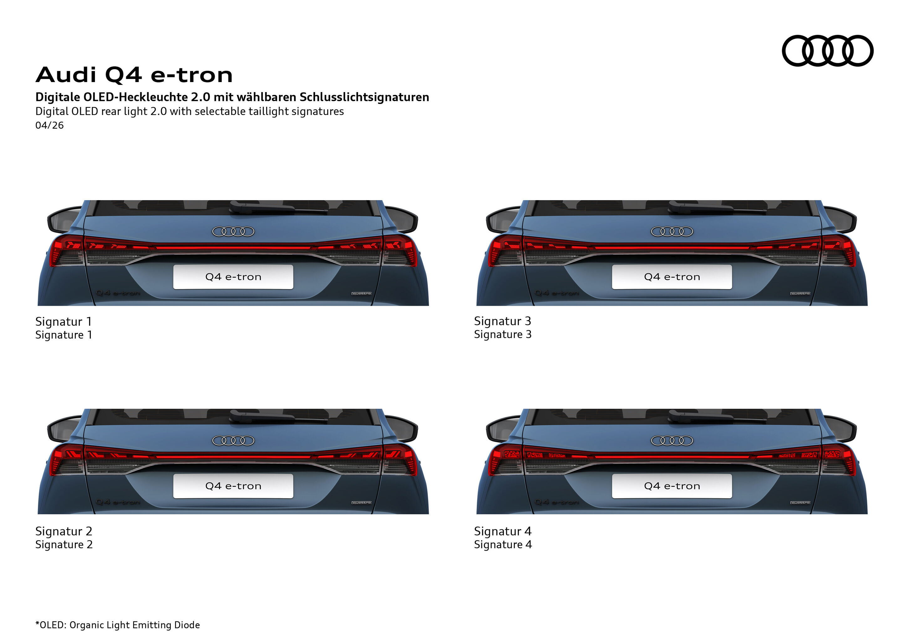 Illustration - Audi Q4 e-tron - Heckansichten des Audi Q4 e-tron mit vier wählbaren digitalen OLED-Lichtsignaturen.