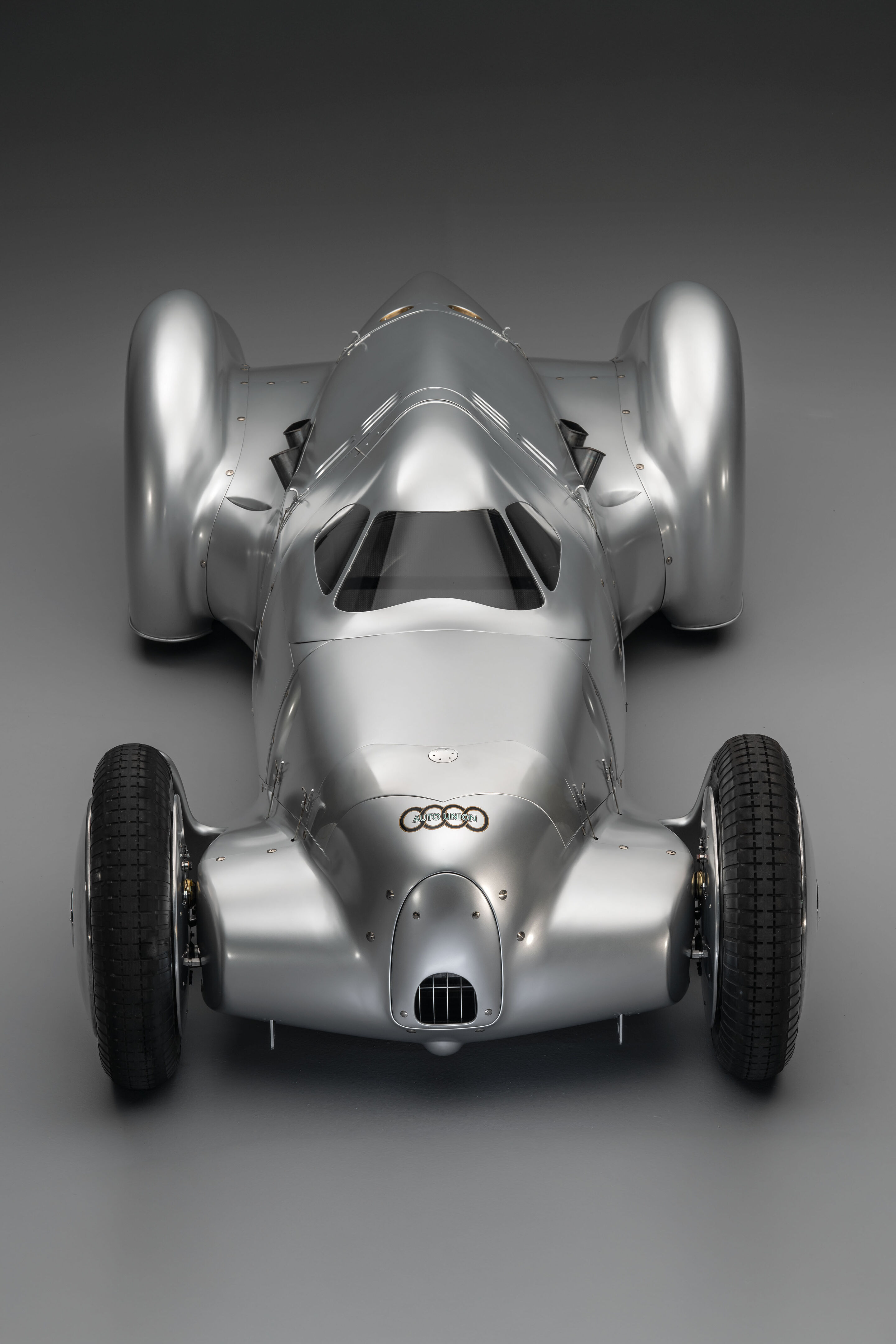 Auto Union Lucca - Audi recreated the Auto Union Lucca. After just over three years of construction, the record-breaking car was completed in early 2026. Studio shot. Front view.