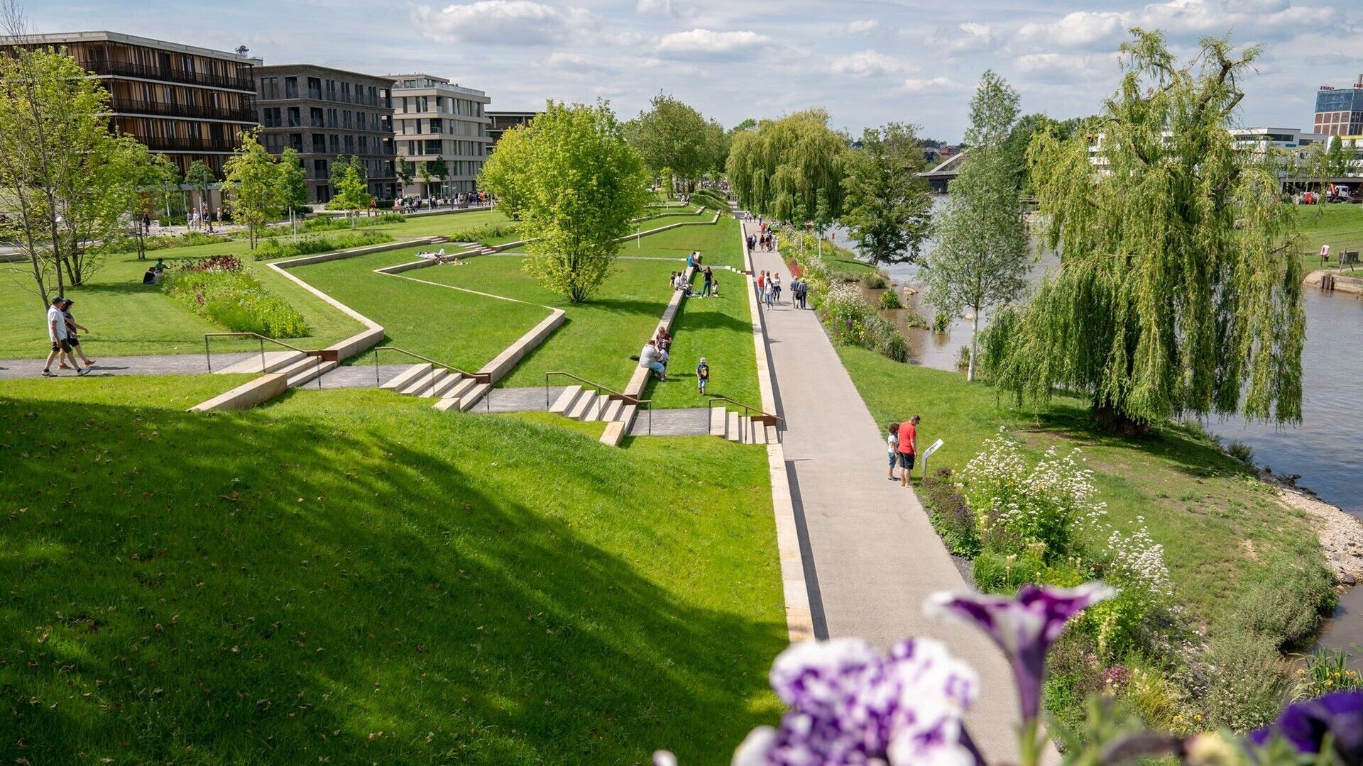 Eine Rasenfläche vor einem Gebäude mit einem Weg und Treppen