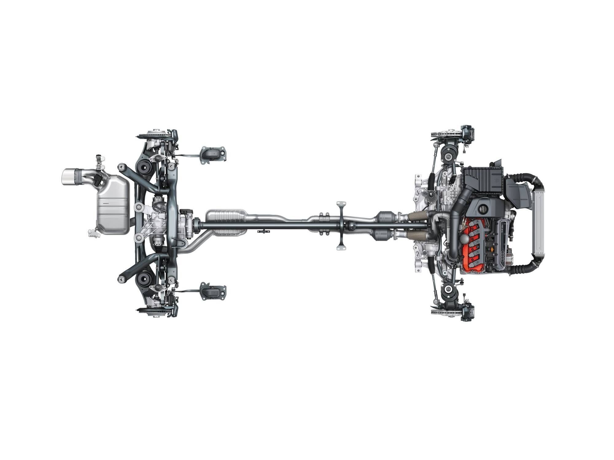 Technical illustration of a longitudinally mounted Audi quattro engine with drive unit.