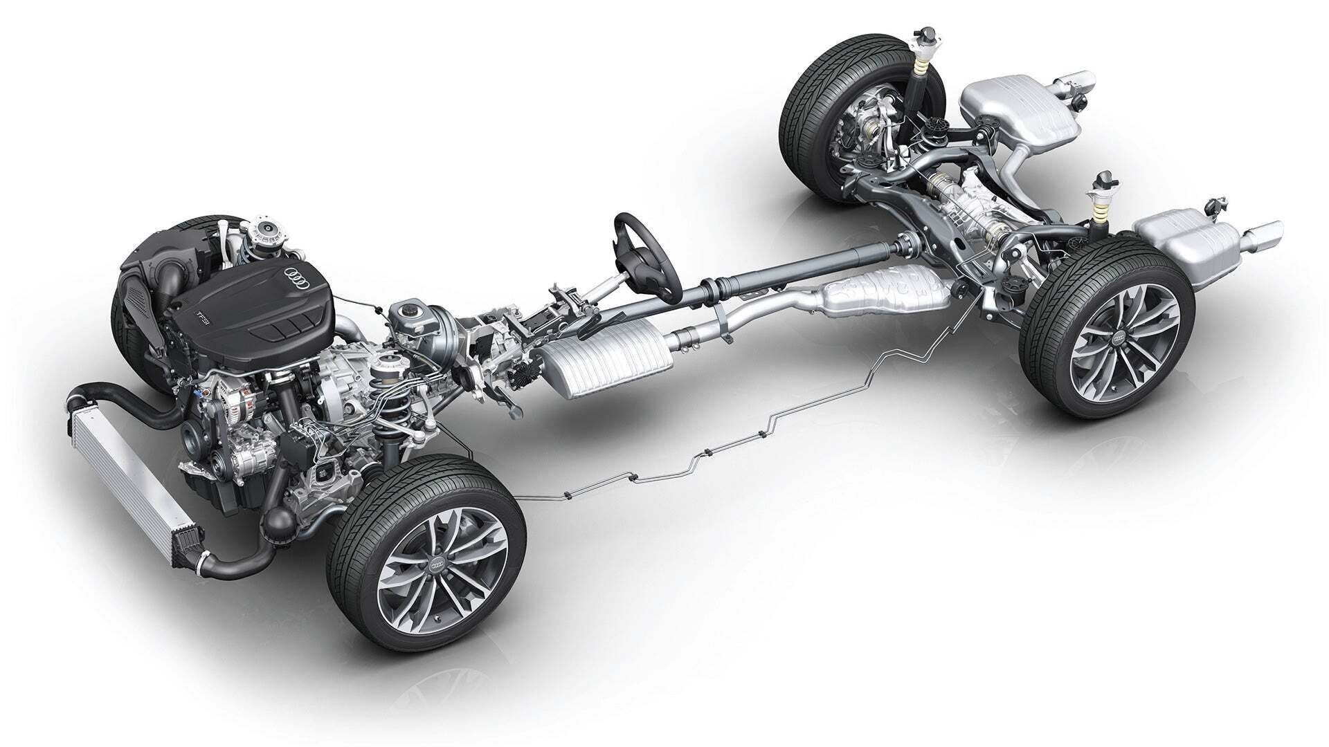 Technical illustration of an Audi quattro drive with visible engine and axles.