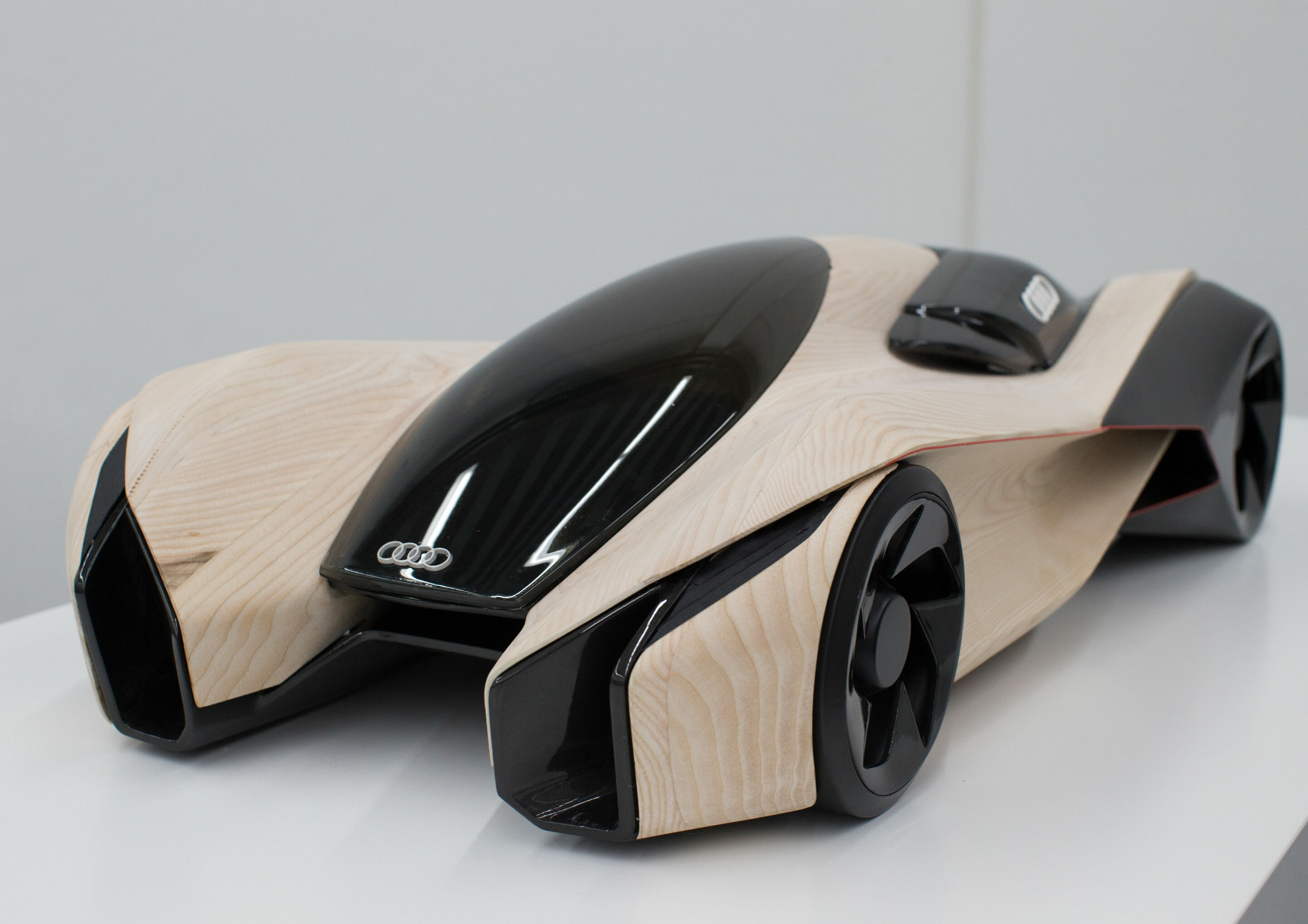 Audi Hosts Design Universities - : Model by design student Pavol Kirnág from the Academy of Fine Arts and Design in Bratislava for his “Wood Aerodynamics” concept for the cooperative project with Audi.