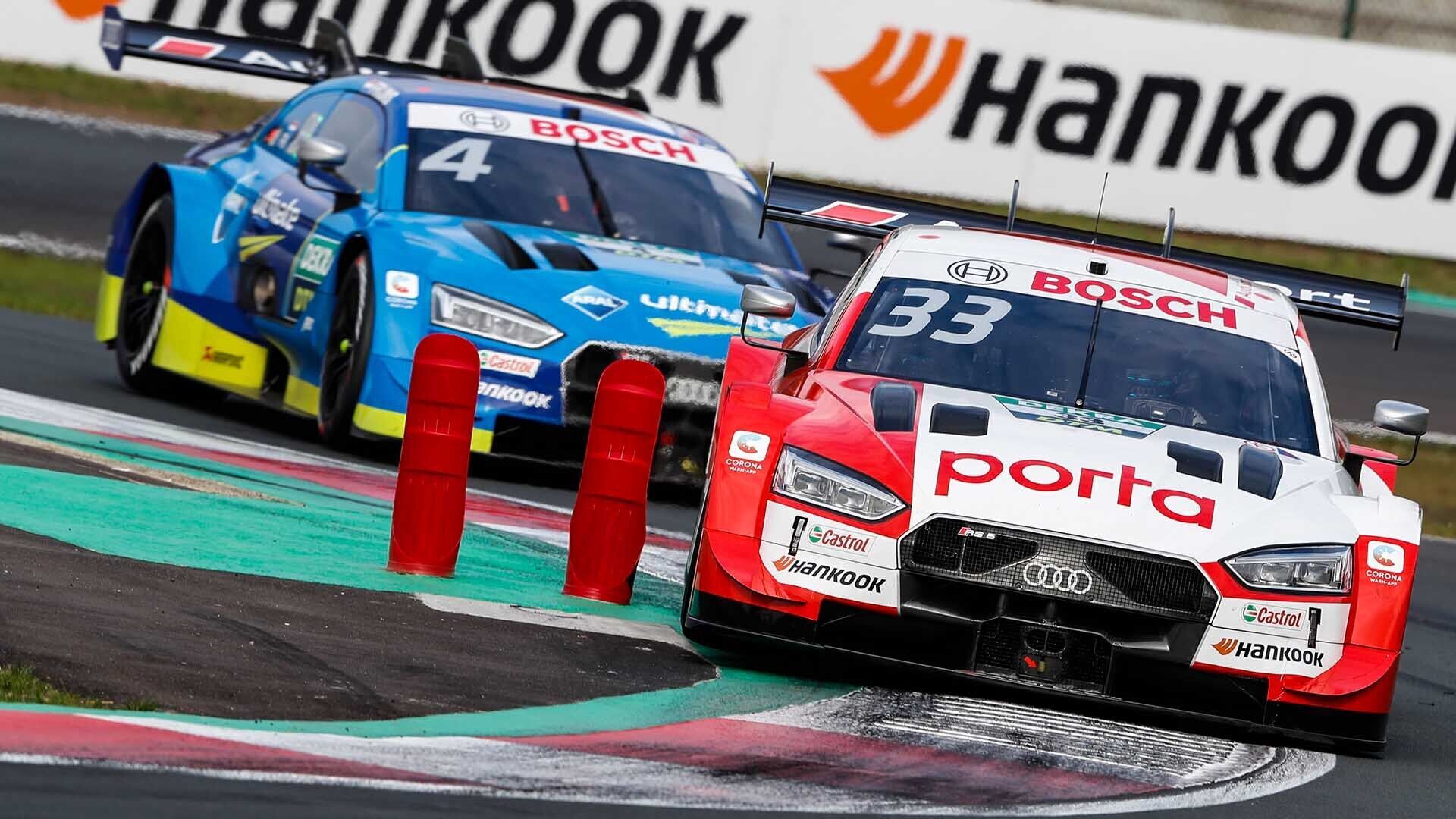 Das Foto zeigt René Rasts Audi RS 5 DTM-Rennwagen auf der Strecke in Zolder 2020.