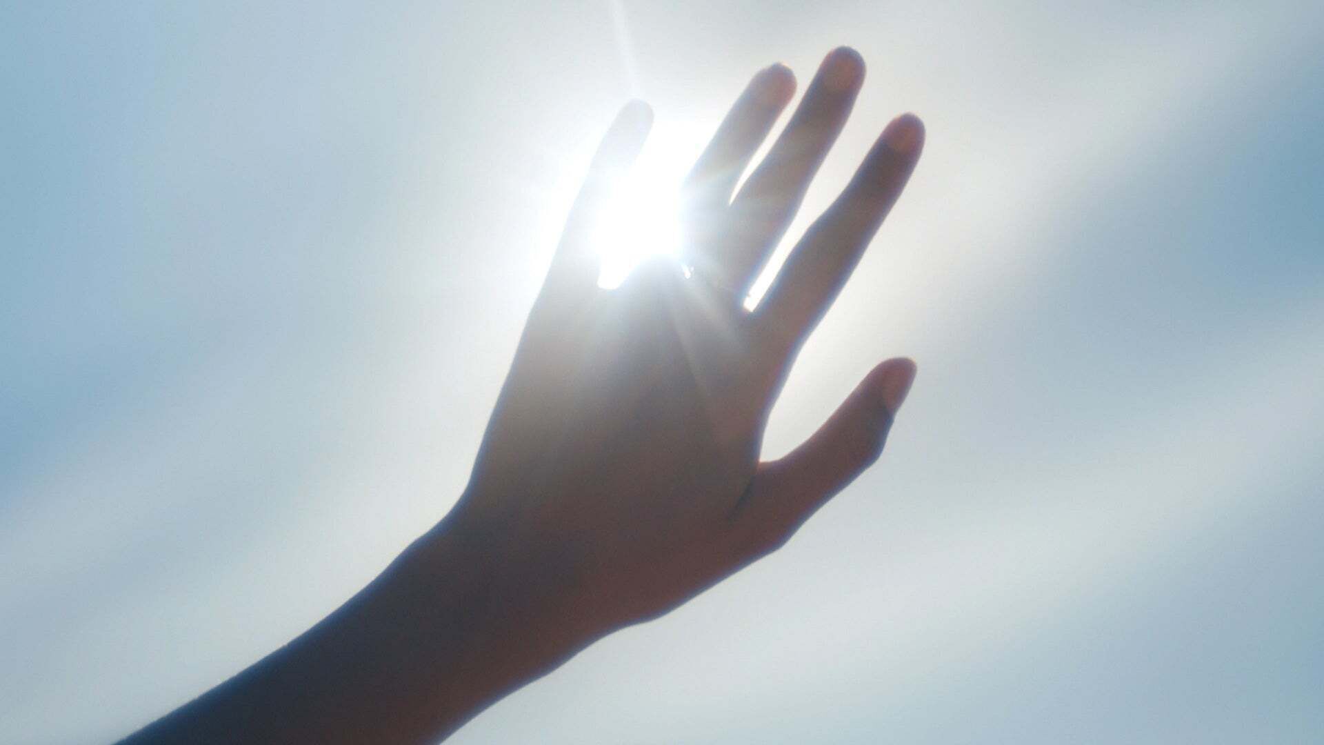 Hand in front of a bright sky, sunlight shining through between the fingers.