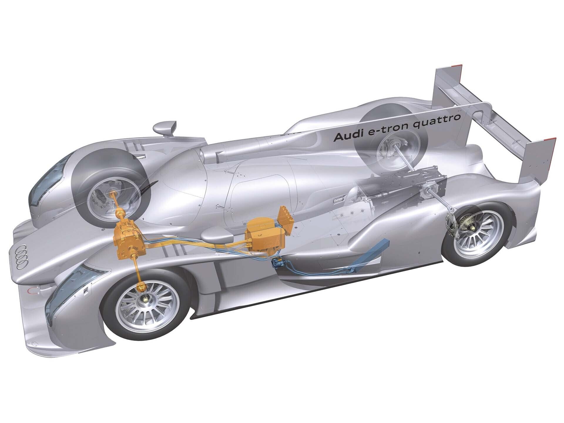 Eine Durchsichtzeichnung des Audi R18 e-tron quattro, die Details des Hybrid-Antriebsstrangs zeigt.