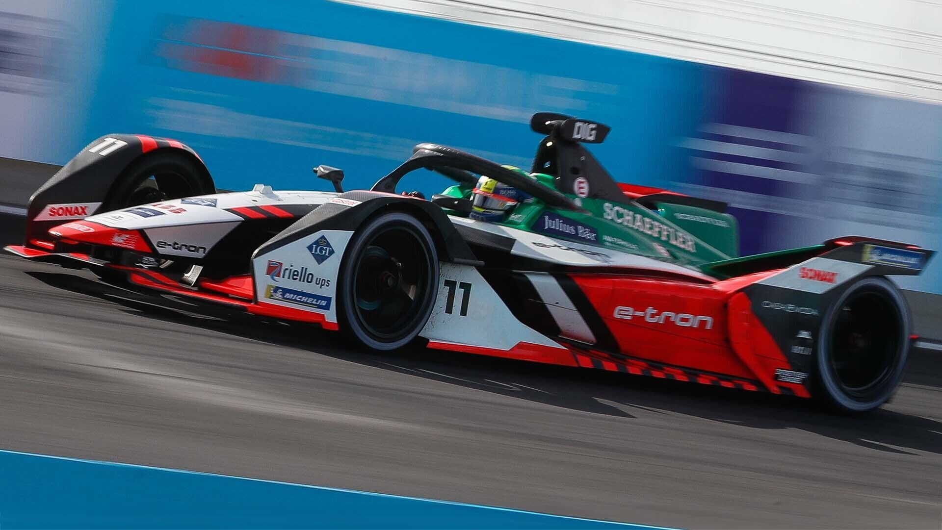 A picture showing an Audi Formula E race car on track in Mexico in 2021.