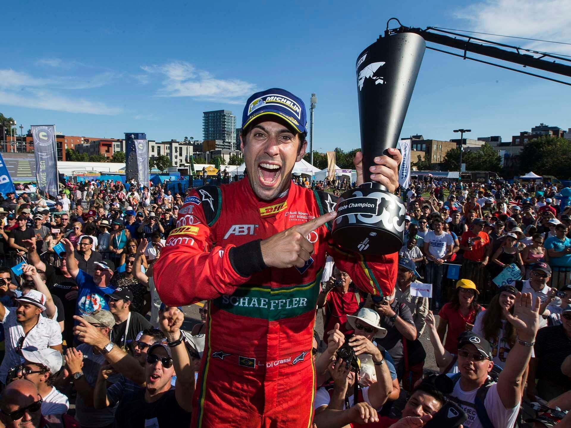 Das Foto zeigt Lucas di Grassi, der 2017 seinen Formel-E-Titel in Kanada feiert.