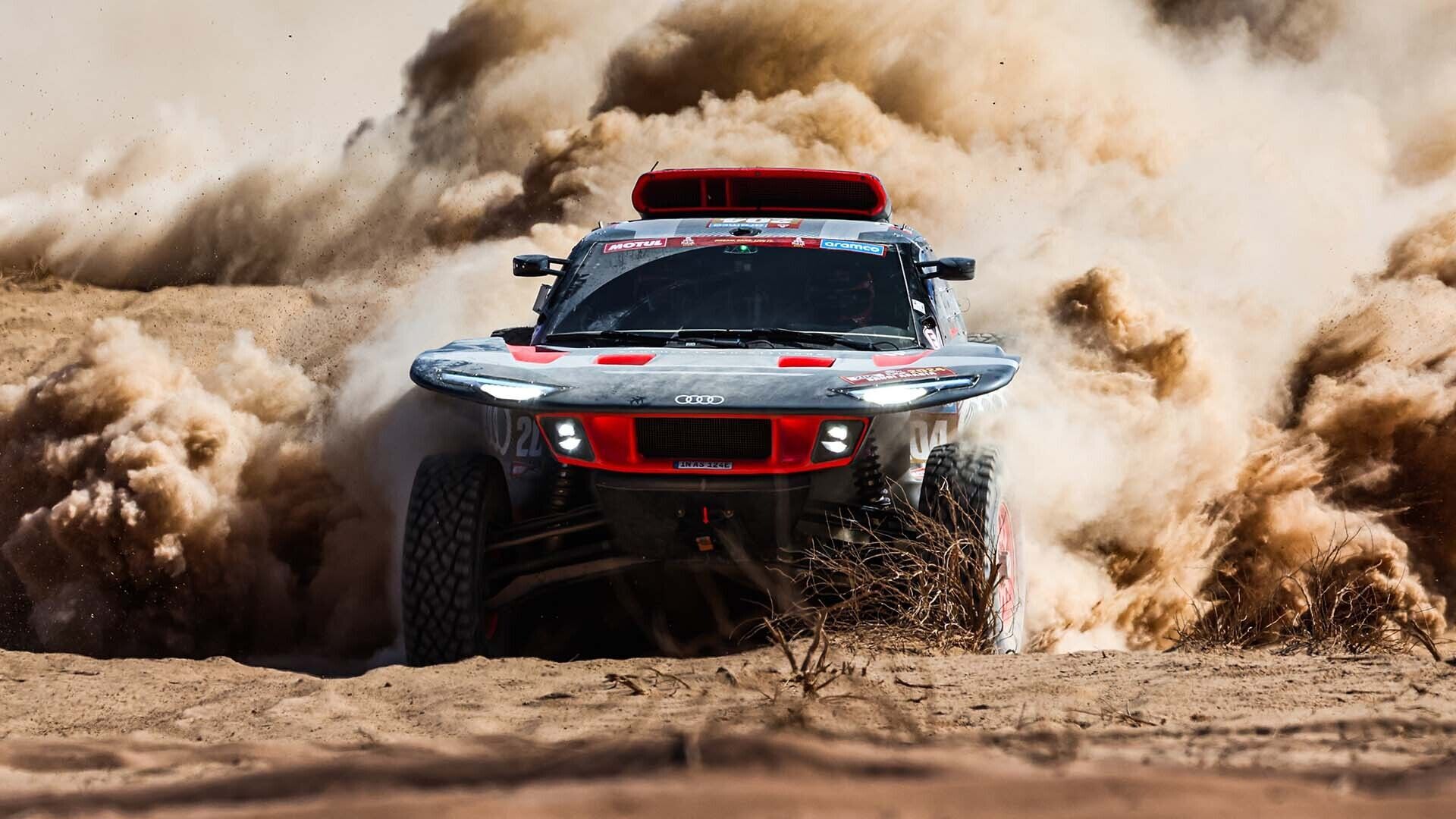 A picture of the victorious Audi RS Q e-tron at the 2024 Dakar Rally.