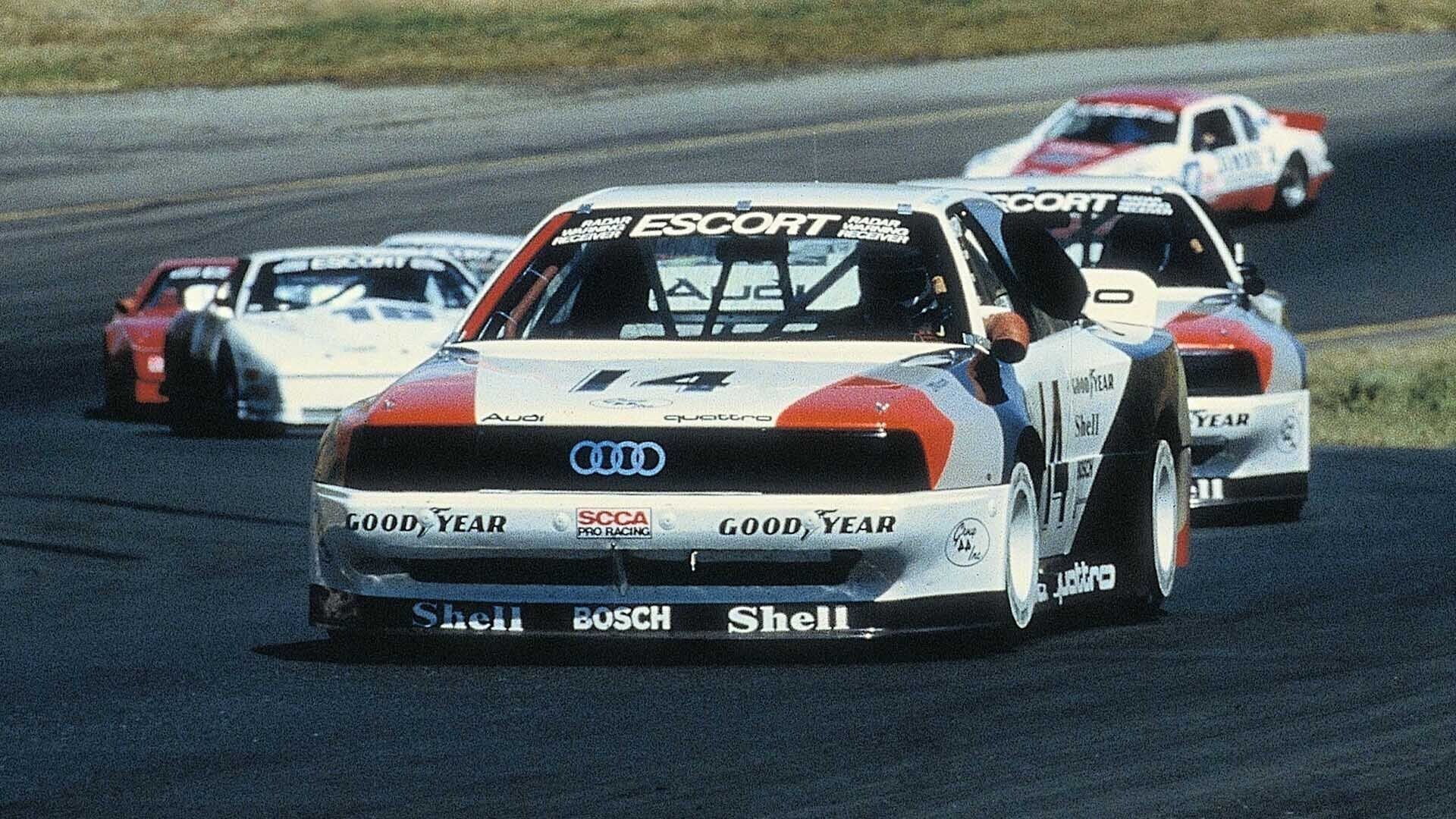 A picture showing two Audi 200 quattro Trans Am race cars on track in the USA in 1988.