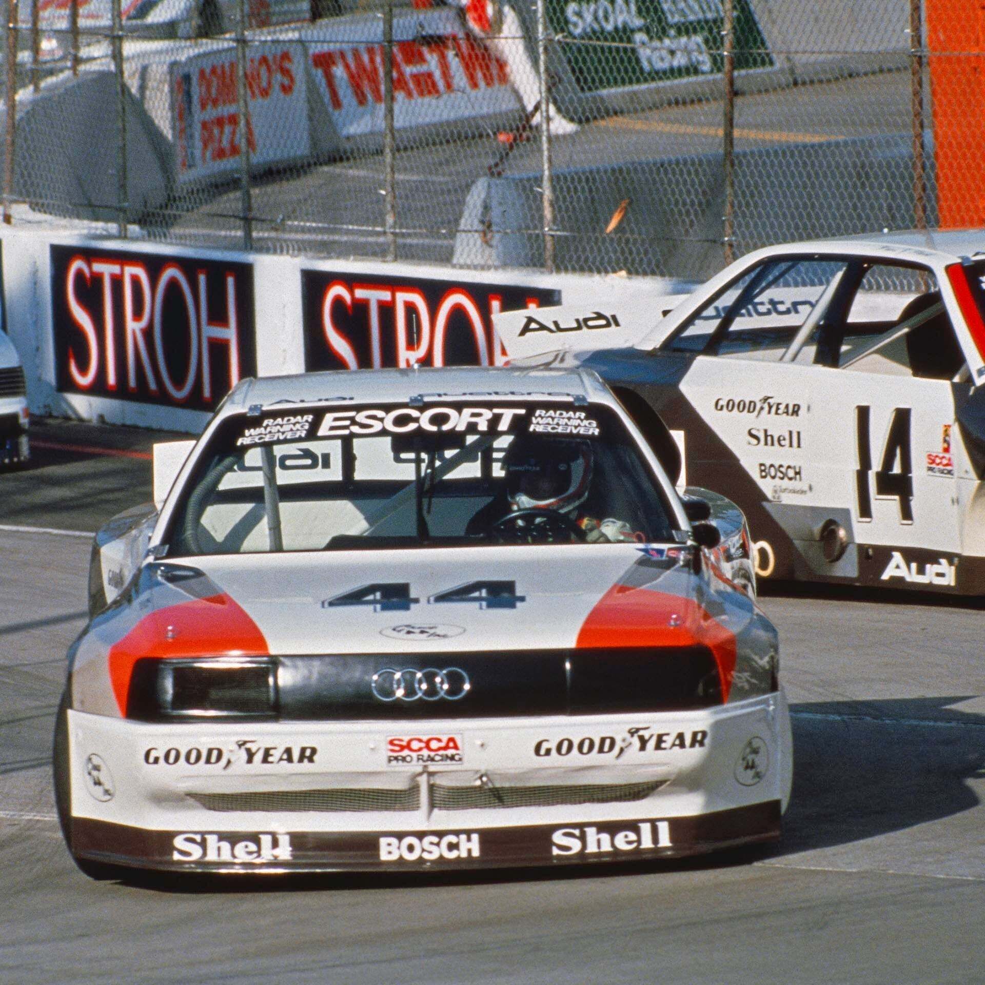 A picture showing two Audi 200 quattro Trans Am race cars on track in the USA in 1988.