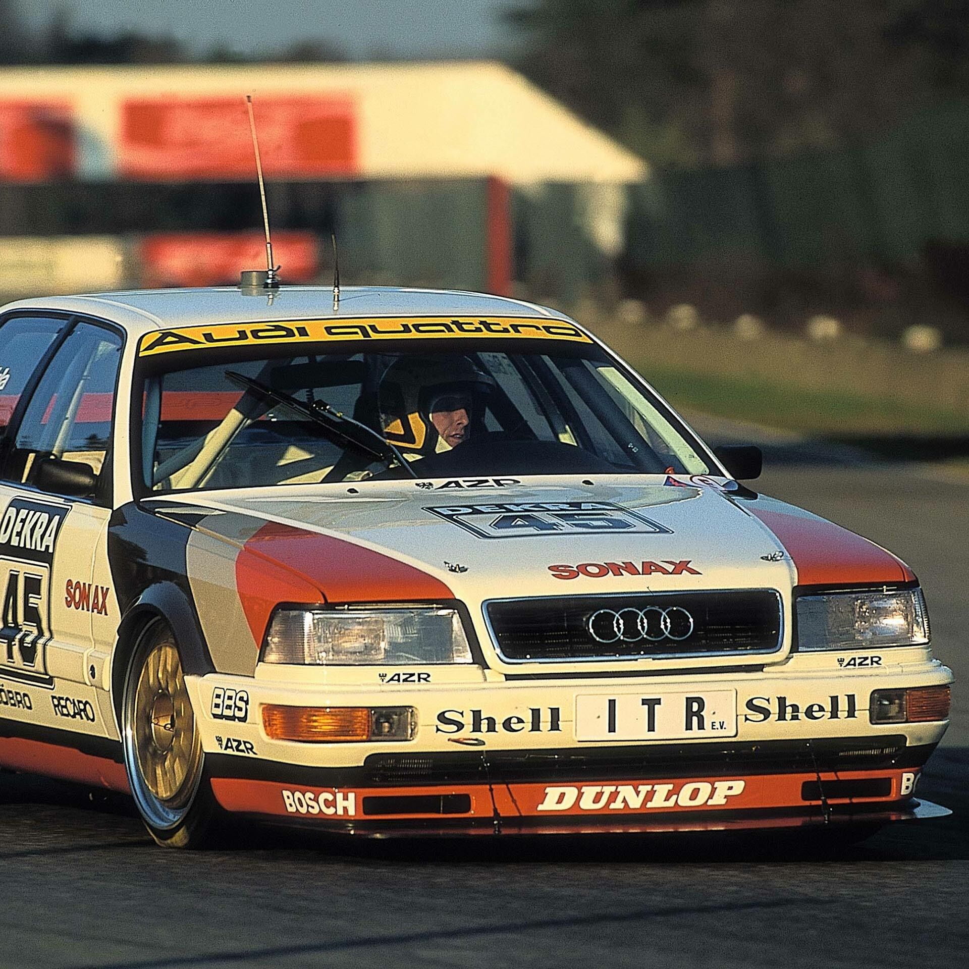 A picture showing an Audi V8 quattro race car on track at Zolder in 1990.