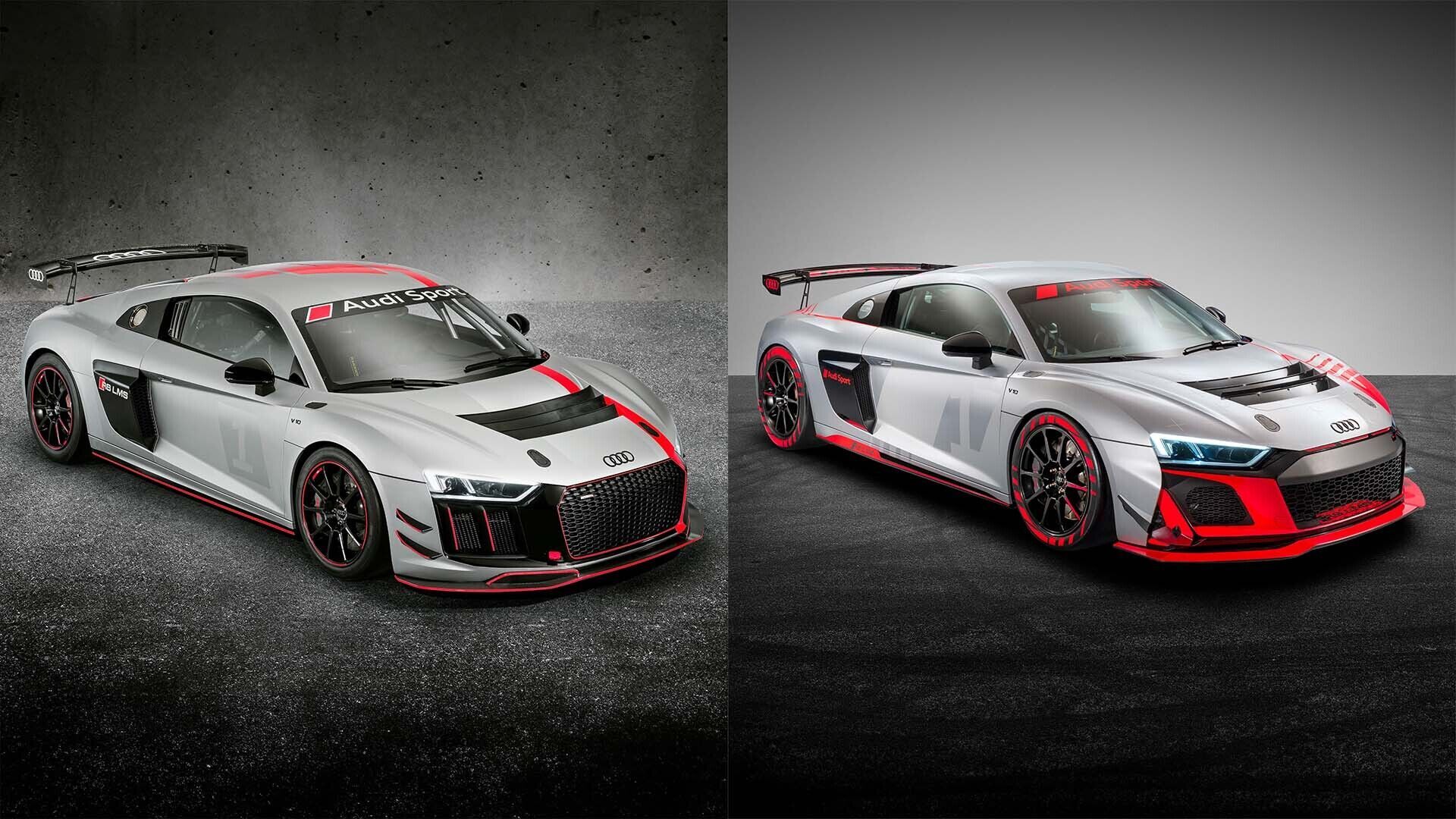 Two studio photos showing the 2017 and 2020 versions of the Audi R8 LMS GT4.