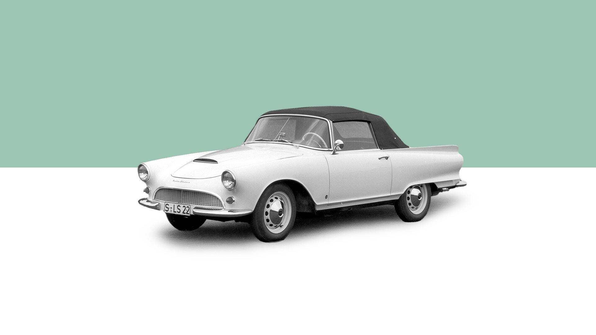Illustration des Audi 1000 SP Roadster auf weiß-grünem Hintergrund