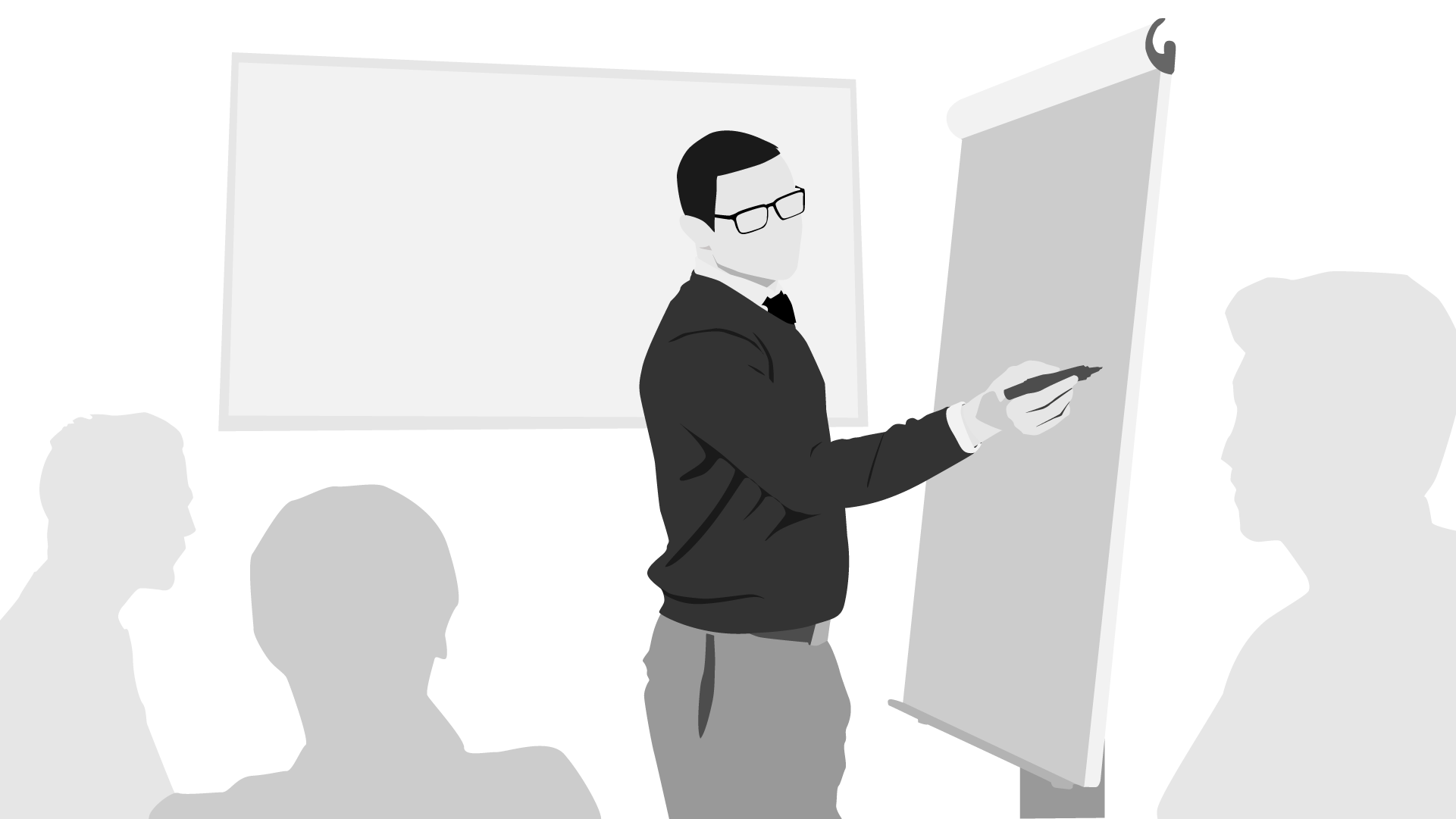 llustration eines Mannes mit Brille, der an einem Flipchart präsentiert; drei Personen hören zu.
