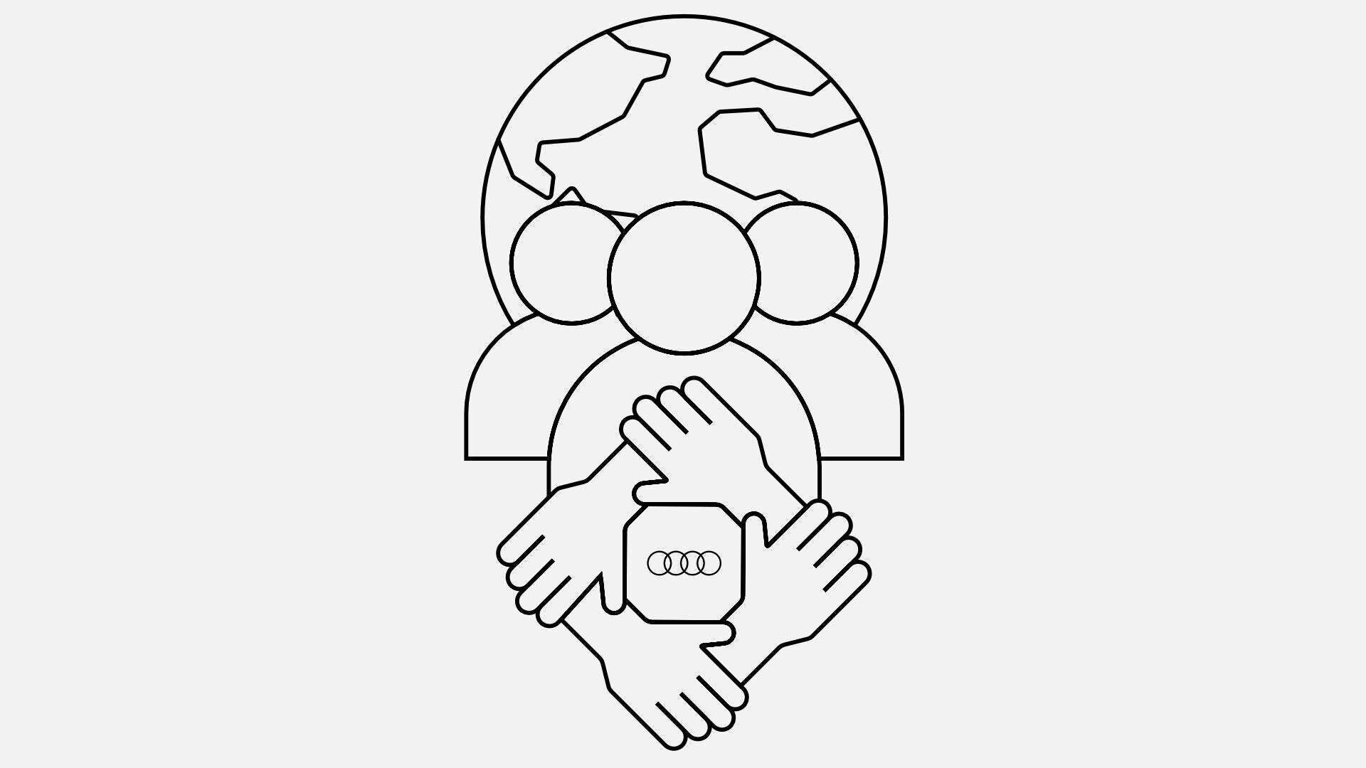 Symbol graphic with people, earth and four hands in a circle surrounding an Audi logo in the center.