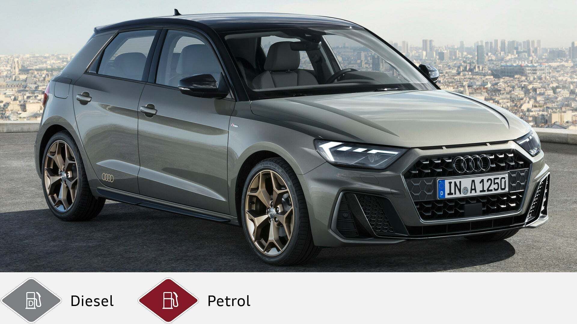 Gray Audi A1 Sportback standing in front of a city panorama, shown diagonally from the front. Gray diesel symbol and red petrol symbol at the bottom.