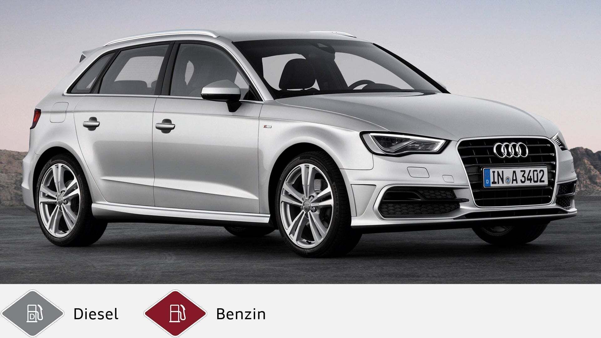 Silberner Audi A3 Sportback steht vor grauer Landschaft, leicht von vorne aufgenommen. Unten Diesel- und Benzin-Symbol.
